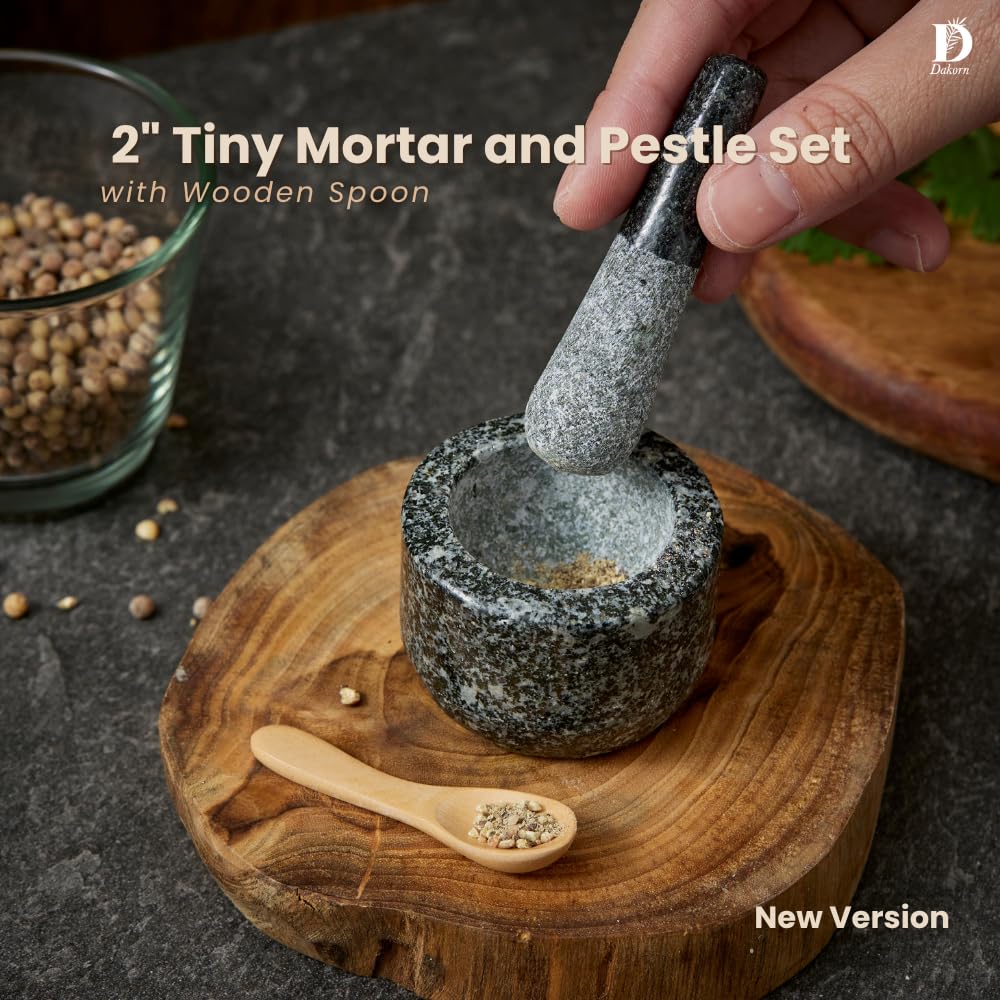 Dakorn 2" Tiny Mortar and Pestle Set with Wooden Spoon, 2 Inch, Small, Compact, Mini, Grinding and Crushing Tiny Amounts of Herbs, Spices, 100% Granite with Unpolished Inside, Creative Gift, Giftable