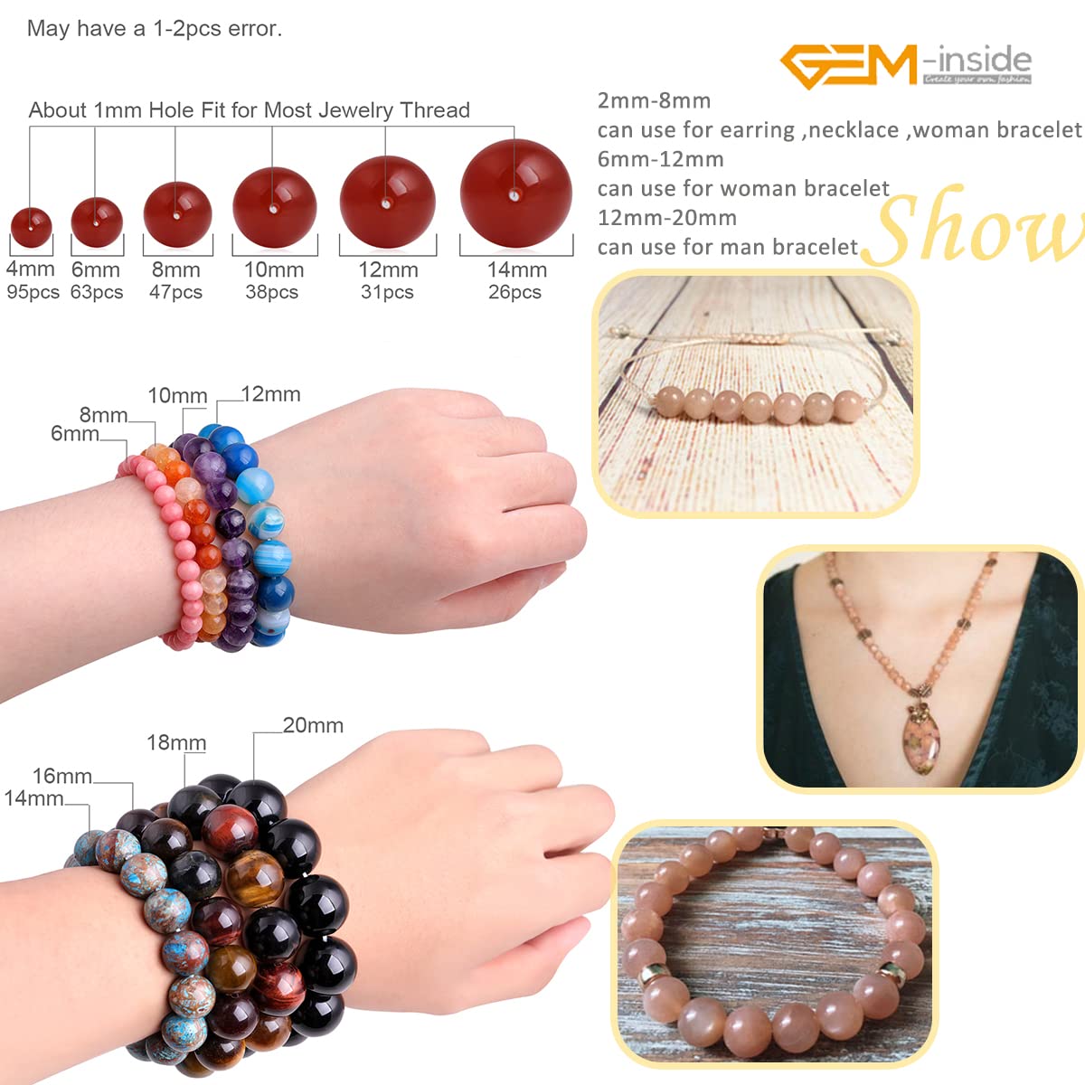 Gem-Inside 8mm Natural AAA Grade Orange Sunstone Gemstone Round Loose Beads for Jewelry Making 15 Inches