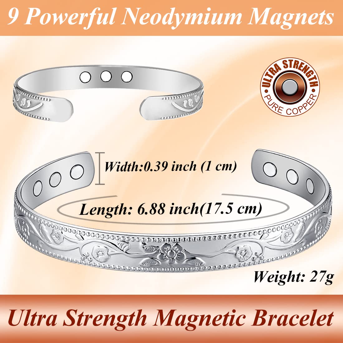 Cigmag 2PCS Copper Bracelets for Women Pure Copper Bracelet Cuff Bangle Strength Magnets Adjustable (Silver)