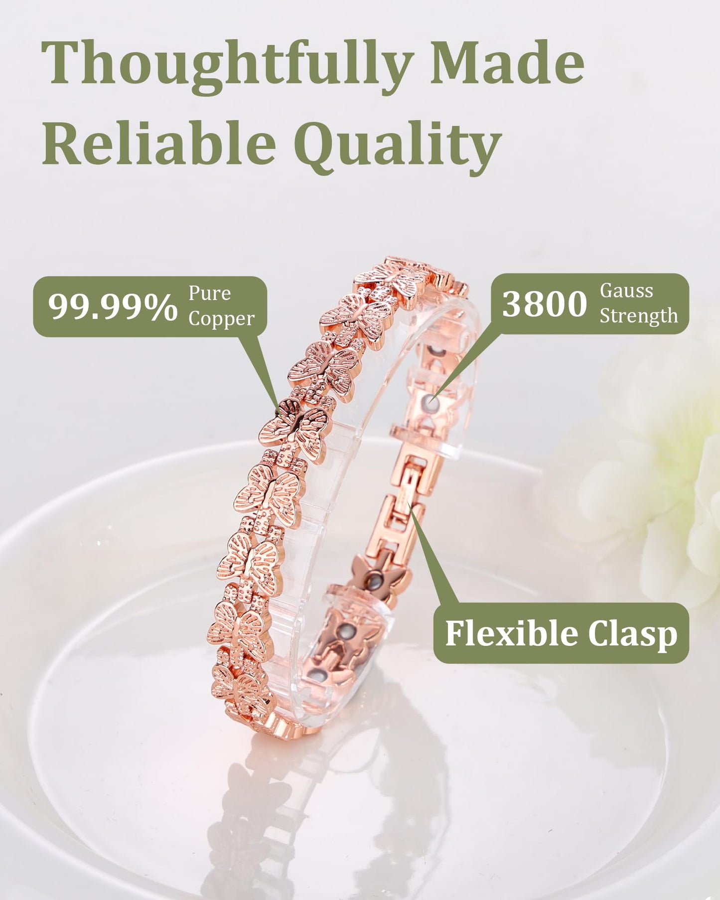 Fashtour Copper Bracelet for Women, 99.99% Pure Copper Magnetic Bracelet with Butterfly Design, Adjustable Bracelet with 3800 Gauss Magnets, Includes Sizing Tool & Gift Box