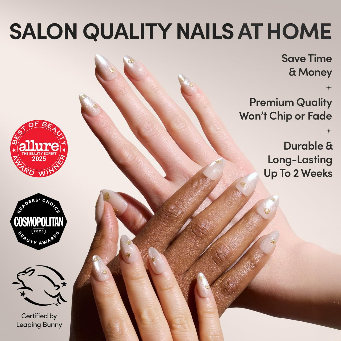 Glamnetic Press On Nails - Sanded | Short Almond Nude Fake Nails with Raised Gold Shell Accents, Salon Quality Summer Nails | 15 Sizes - 30 Nail Kit with Glue