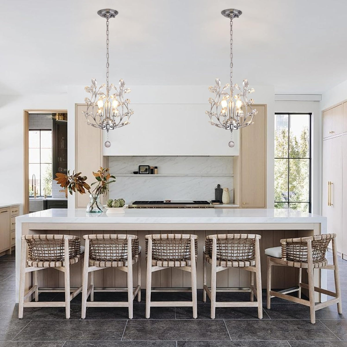 Ganeed 3-Light Branch Crystal Chandelier, Small Flush Mount Vintage Pendant Hanging Lighting, K9 Crystal Farmhouse Ceiling Light for Dining Room Bedroom Living Room Kitchen Hallway, Chrome Silvery