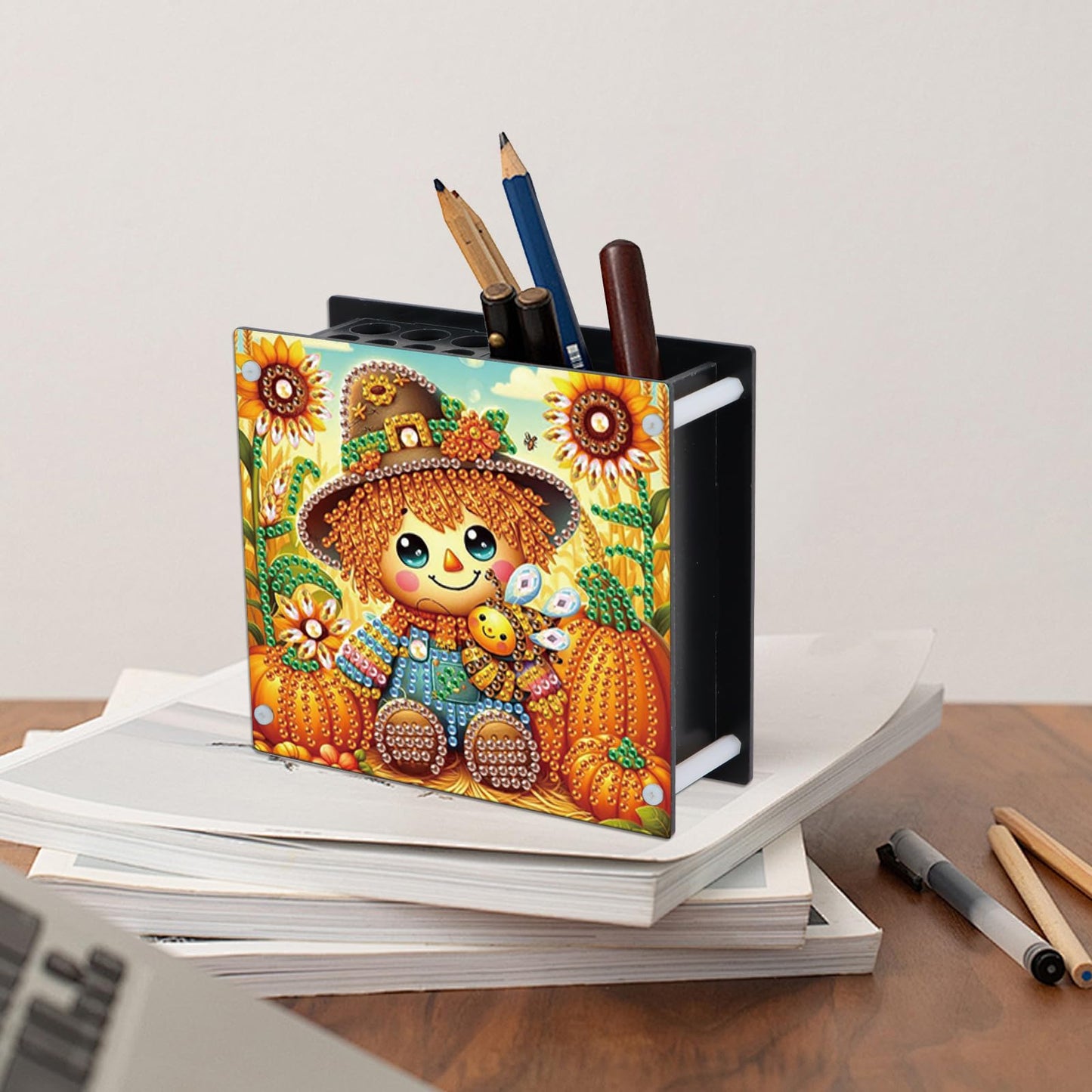 AiYuanzsh Diamond Painting Pen Holder, DIY Diamond Art Desk Organizer with Autumn Harvest Pumpkin Design, Fall Diamond Art Kits for Adults, Decorative Desktop Storage Box for Office and Home
