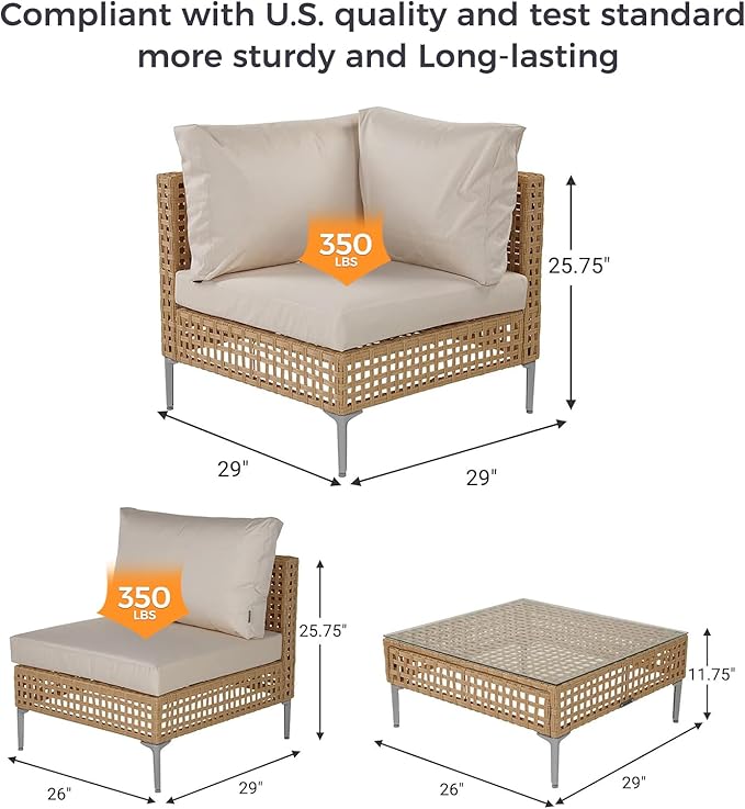 Grand patio 14-Piece Wicker Patio Furniture Set, Boho Outdoor Conversation Set Sectional Sofa with Water Resistant Beige Thick Cushions and Coffee Table, Cream