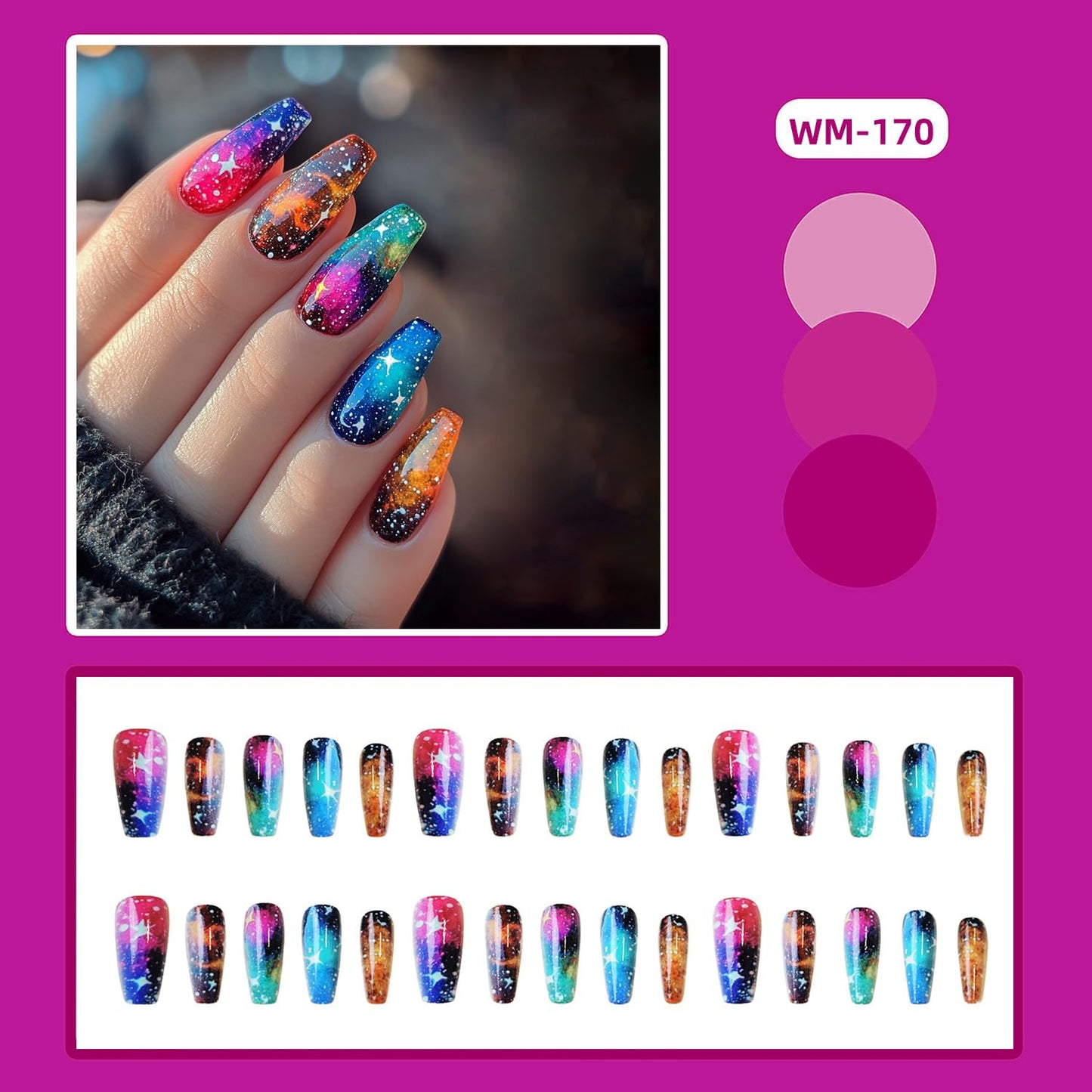 CJDLTS Press on Nails Medium Ballet Shaped Colorful Starry Sky Pattern Design Glitter Nails Stars False Nails Full Cover Artificial Coffin Nails Acrylic Stick on Nails Glossy Glue on Nails for Women