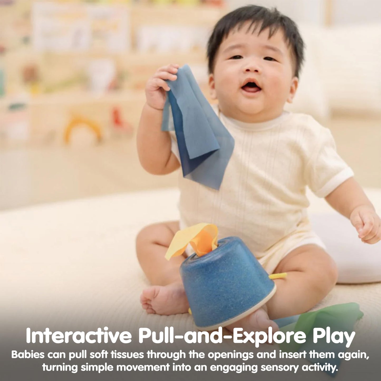 PlanToys® Wooden Baby Tissue Box Toy for Infants & Toddlers | Fine Motor Skill Activity with Cloth Pieces | Object Permanence Learning Toy | Montessori Sensory Educational Gift