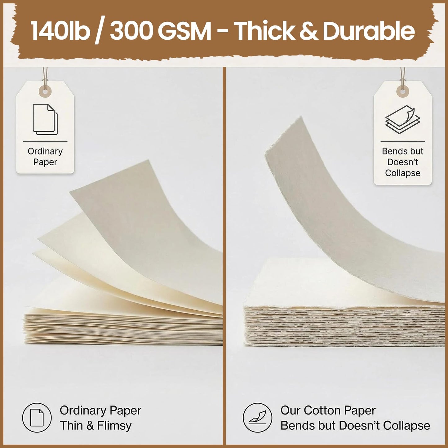 Deckled Edge Paper 4x6, 50 Sheets Handmade Watercolor Paper, 300 GSM Natural Textured Paper, Rough Cotton Paper for Invitations, Calligraphy, Painting & Craft Projects