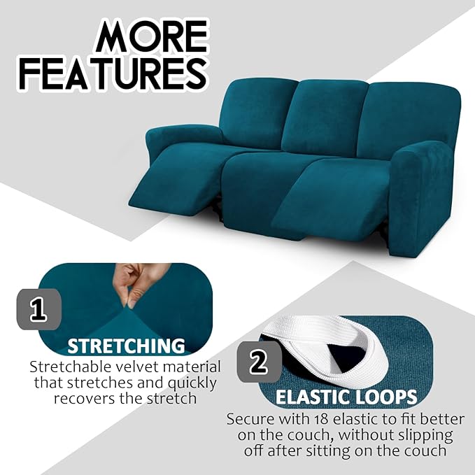 ULTICOR Velvet 8-Pieces Recliner Sofa Covers Stretch Reclining Couch Covers for 3 Cushion Reclining Sofa Slipcovers Furniture Covers Thick Soft Washable (3 Seater Recliner Cover, Deep Teal)