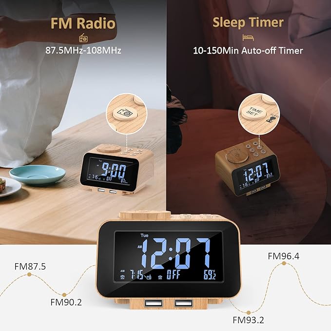 uscce Digital Dual Alarm Clock Radio for Bedrooms with Weekday/Weekend Mode | Large Numbers with 0-100% Dimmer - FM Radio with 2 USB Charging Port & 6 Sound Adjustable Volume & Sleep Timer Battery Backup