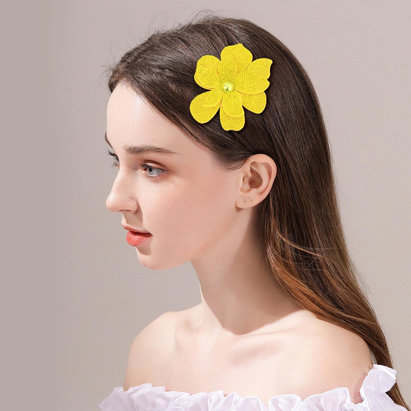 Merdia 3.74 Inches Rhinestone Camellia Flower Brooch Pins & Hair Clips for Women Elegant Created Crystal Lapel Pin Brooches Wedding Party Yellow
