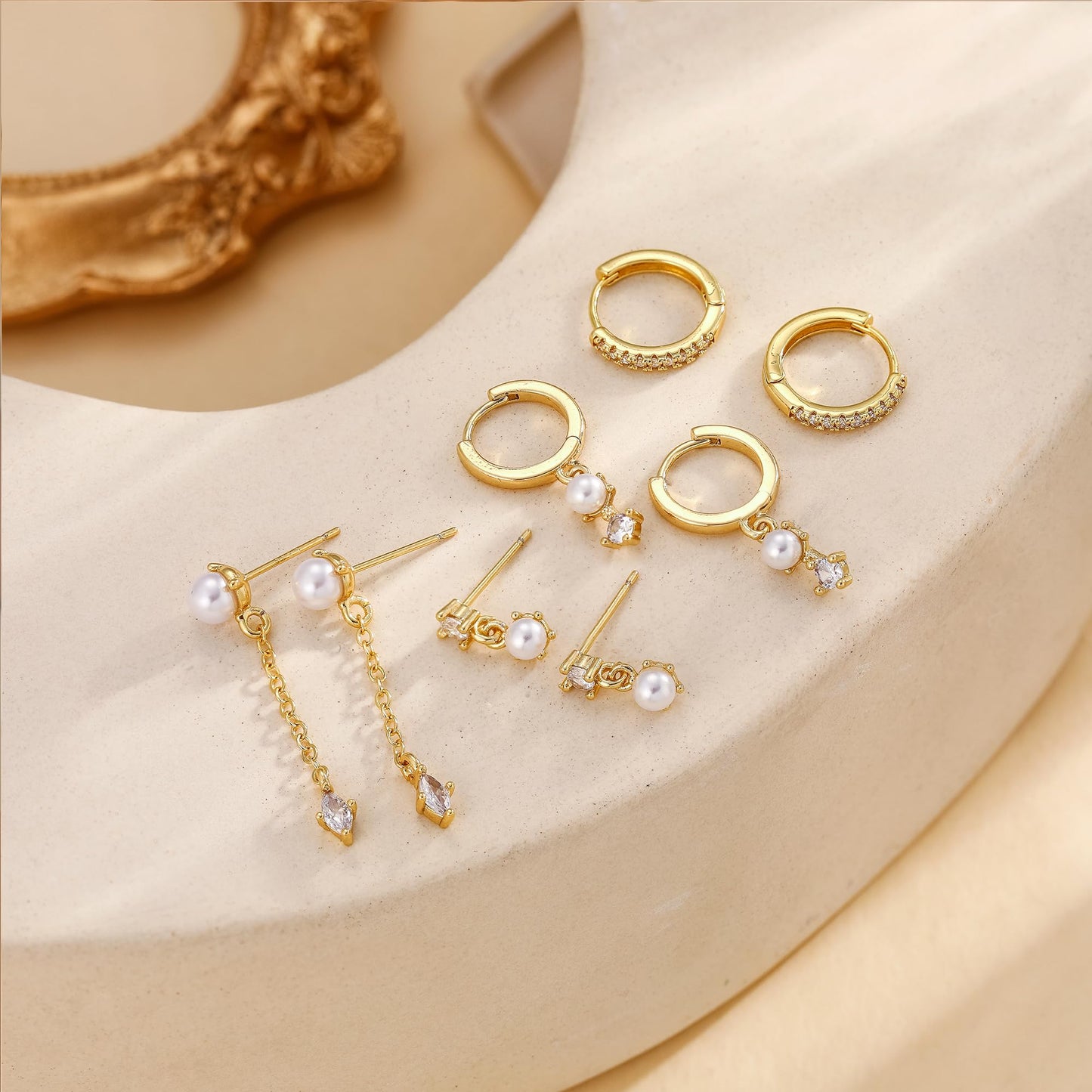 Moodear Dainty Pearl Drop Hoop Earrings for Women - Trendy Stud 14K Gold Plated Dangle Chain Baroque Pearls Hypoallergenic Earring Sets for Multiple Piercing