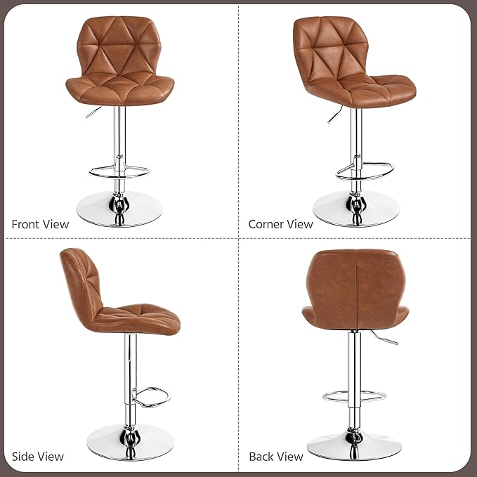 Yaheetech Barstools Set of 2, Modern Kitchen Island Stools with Backrest, PU Leather Adjustable Counter Stools for Kitchen Counter Bar, Retro Brown