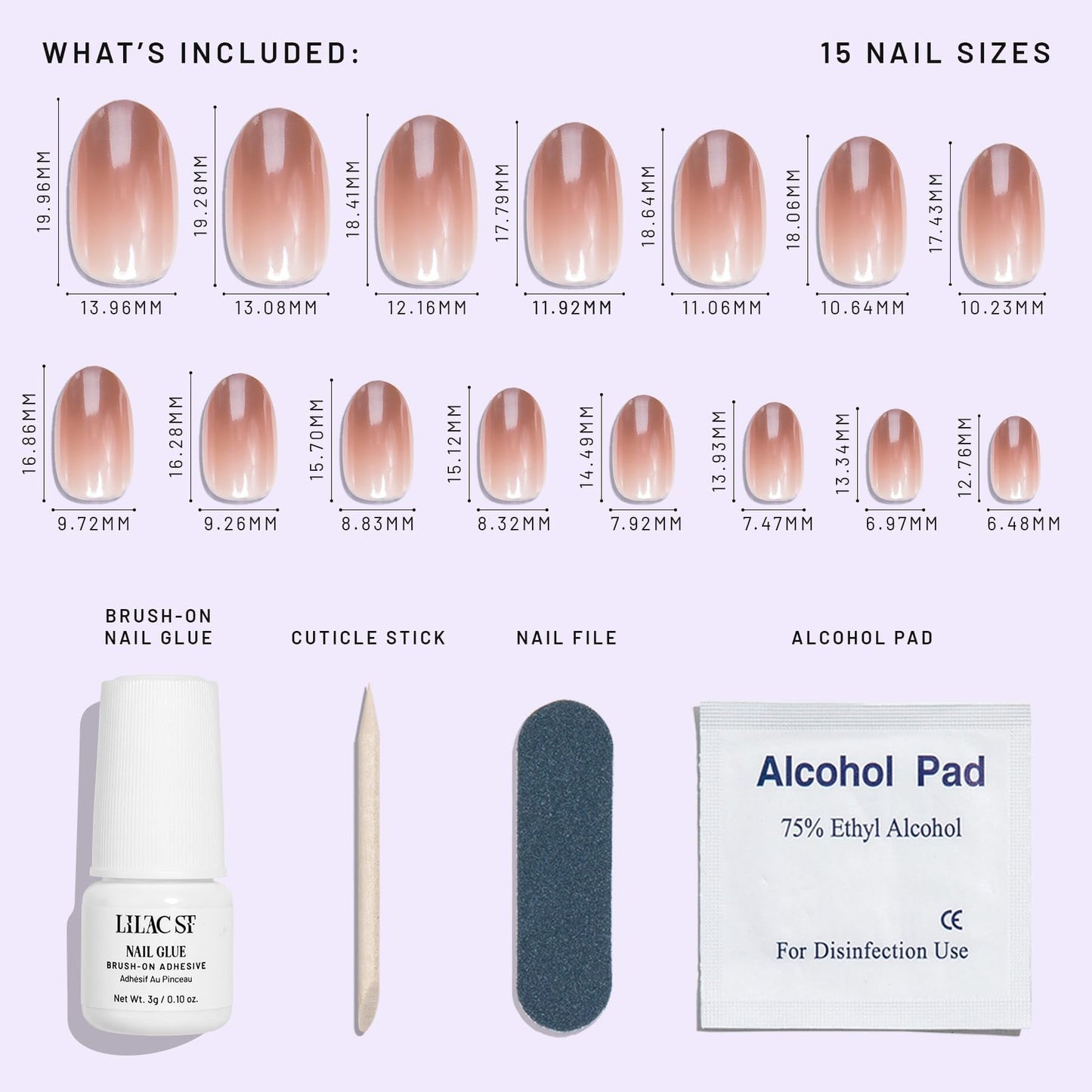 Lilac St - Press On Nails, Blush Touched (30 Nails, 15 Sizes) - Medium, Round, Pearl + Glossy, Opaque - Brush On Nail Glue, Nail File, Cuticle Stick, Prep Pad - Cruelty Free, Vegan, Women Founded