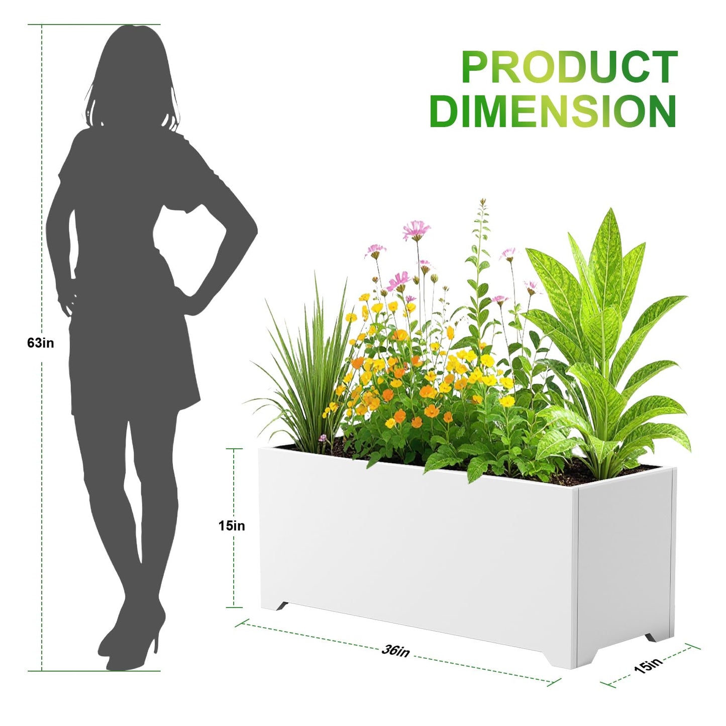 36" White Rectangular Planter, 36x15x15 Inch Large Metal Flower Box with 6 Drainage Holes, Raised Bottom, Galvanized Outdoor Planter for Patio Garden Deck, Heavy Duty Planter for Vegetables Shrubs
