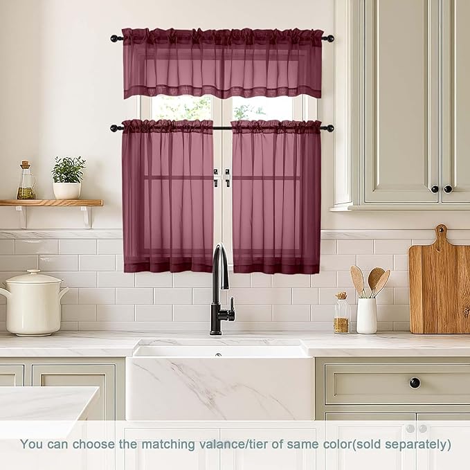 Burgundy Sheer Curtains Tier 30 Inches Length 2 Panels Set, Light Filtering Lightweight Soft Window Treatments Drapes, Cute Elegant Cafe Curtains for Nursery, Dual Rod Pocket, 2x42Wx30L Inches