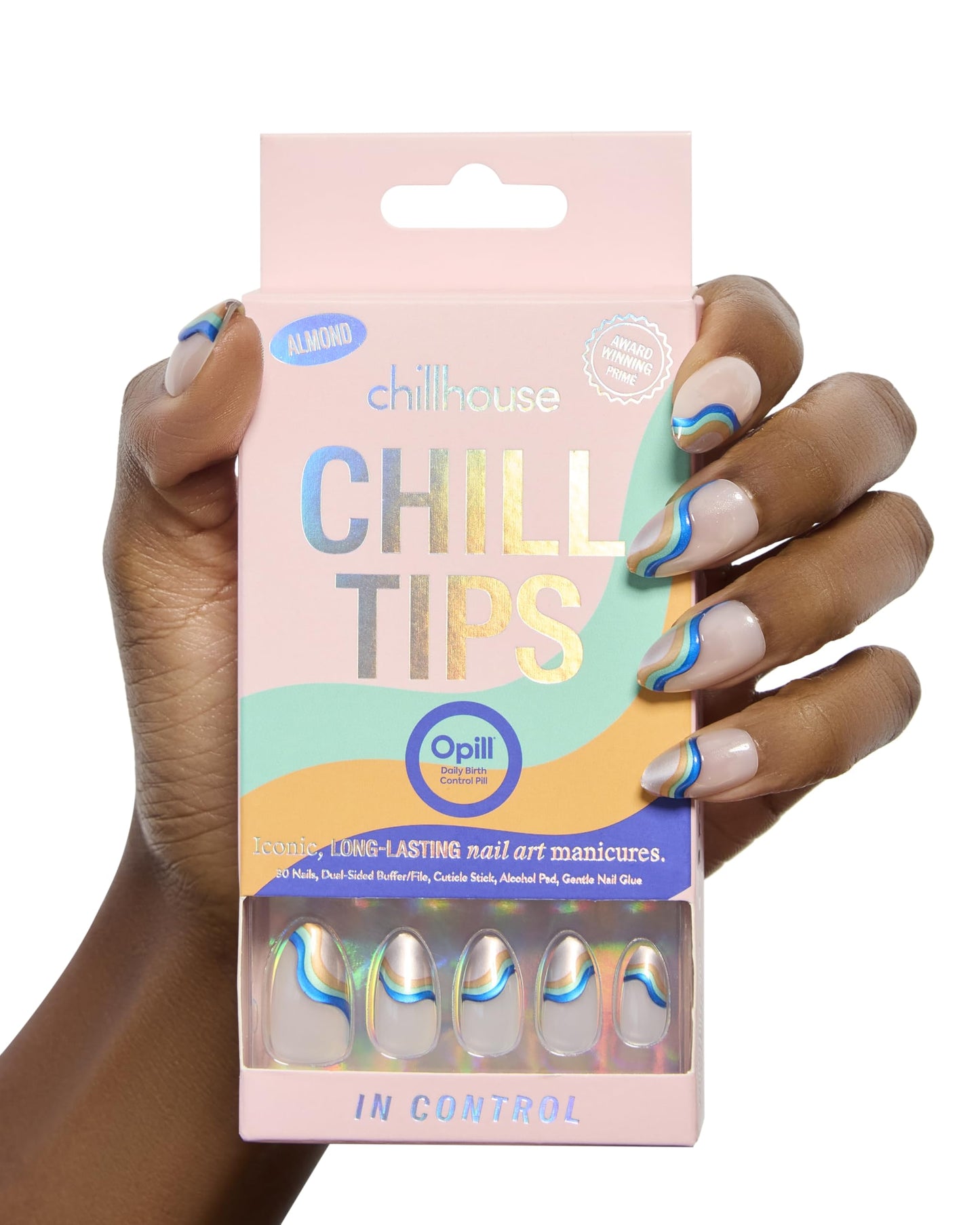 Chillhouse Chill Tips Signatures Press On Nails Kit, In Control - 30 Nail Shapes & Sizes, Dual-Sided Buffer & File, Cuticle Stick & Glue - Long-Lasting Nail Art Manicures