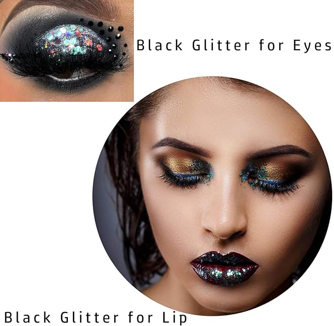 MEICOLY Black Glitter, Professional Body Paint, Mermaid Sequins Eye Glitter for Halloween Cosplay SFX Makeup, Chunky Face Gel for Women and Kids, 50ml