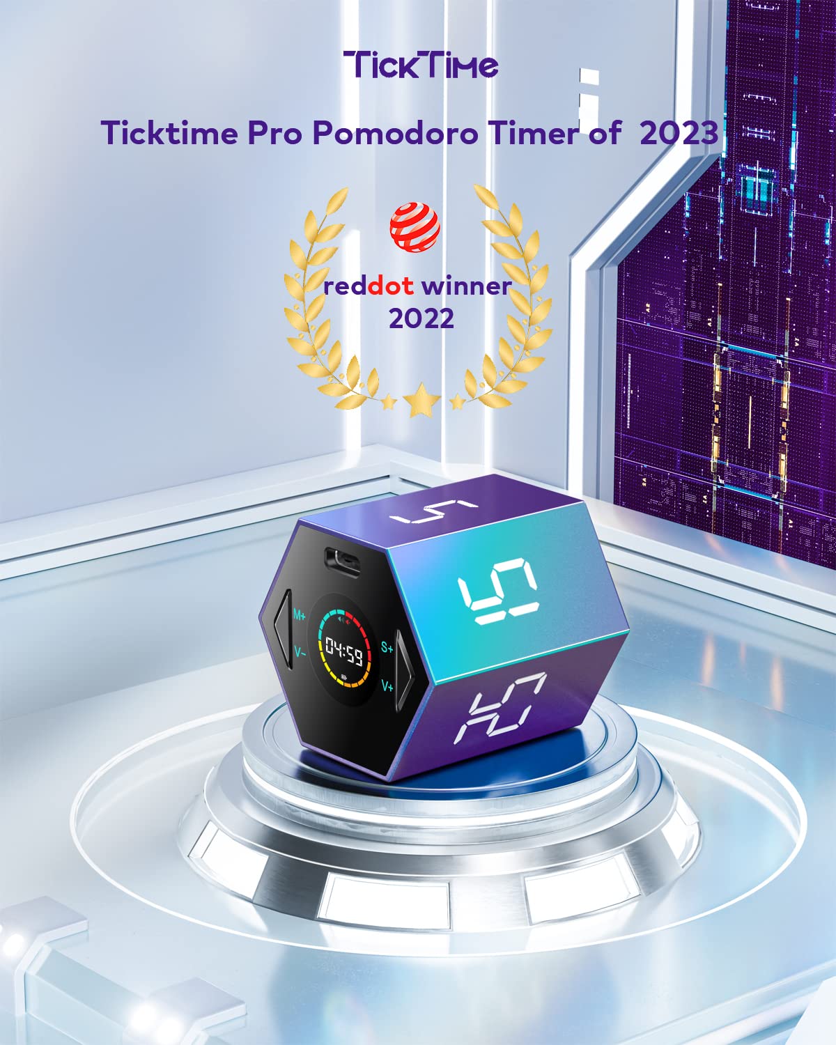 Ticktime Pomodoro Timer, Productivity Timer Cube, 5/15/25/30/45/60 Min Presets, Custom Countdown & Stopwatch 1s–99m59s, Sound/Vibration/Silent, Magnetic, Rechargeable, for ADHD Study Work,Violet
