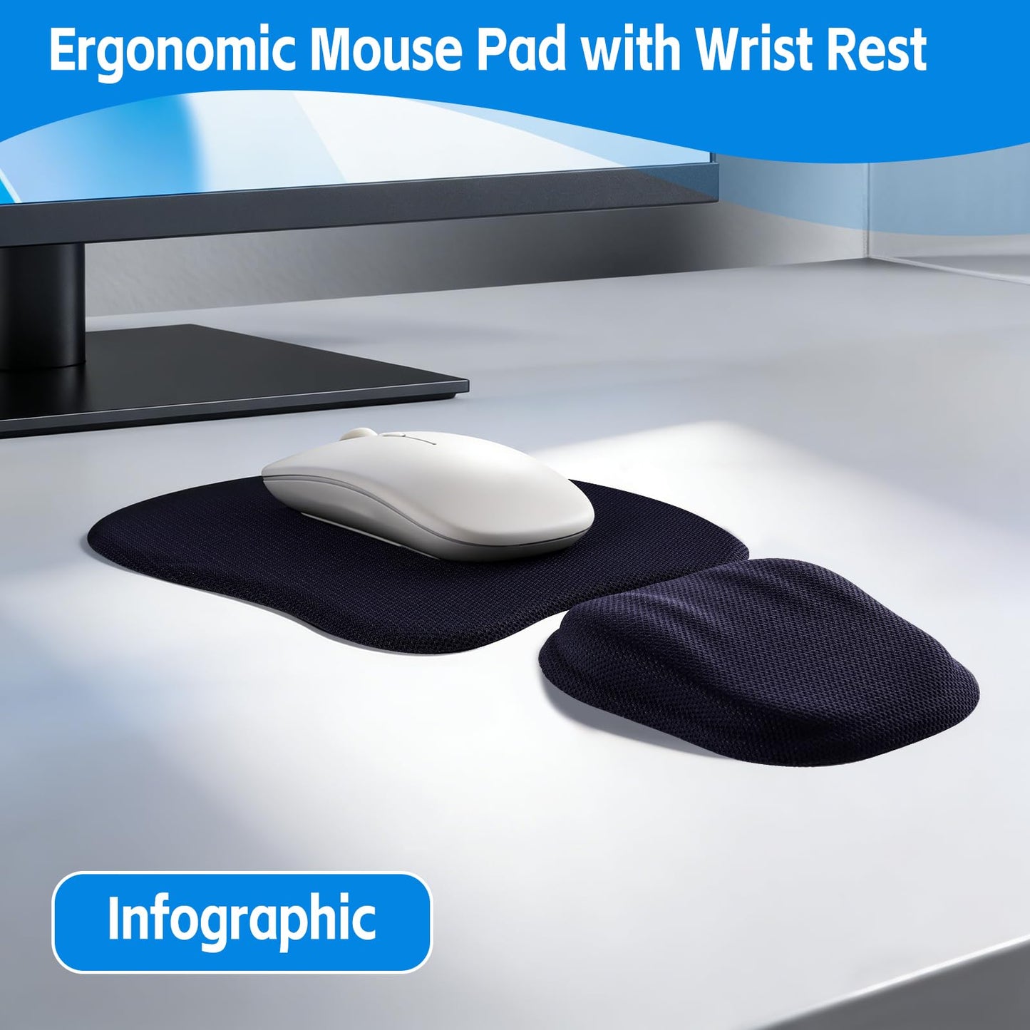 Ergonomic Mouse Pad with Wrist Support, Memory Foam Wrist Rest & Mouse Pad Set, Relieves Wrist Pressure for Comfortable Office & Gaming Use (Ink Blue)