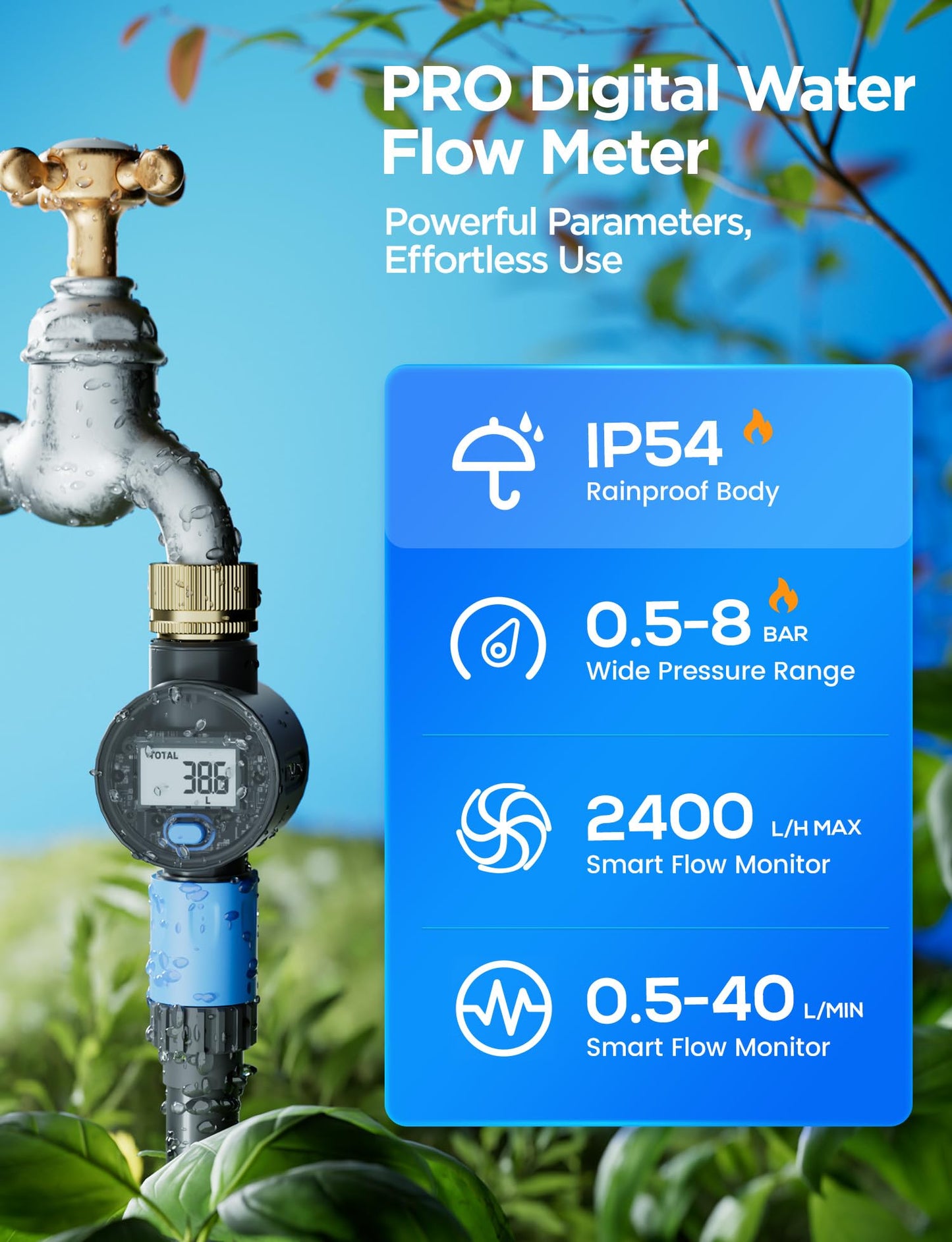 Water Flow Meter with Brass Inlet, Measuring Gallon/Liter Consumption and Flow Rate for Outdoor Garden Hose Watering, RV Essentials Water Tank Filling, Sprinkler and Nozzle Sprayer (2 Pack)