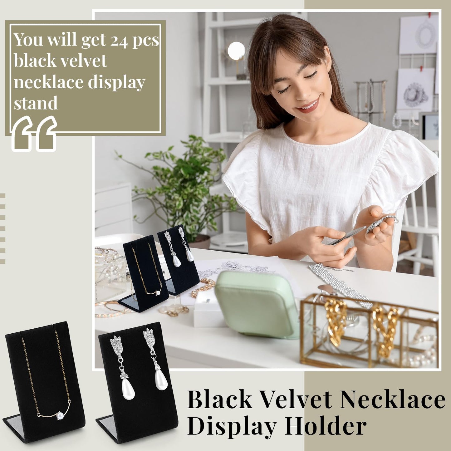 RattanView 24 Pcs Earring Display Stand Necklace Pendant Jewelry Stand Showcase Organizer Display Holder for Earring Pendant Accessory Rack(Black,Straight Style,Velvet)