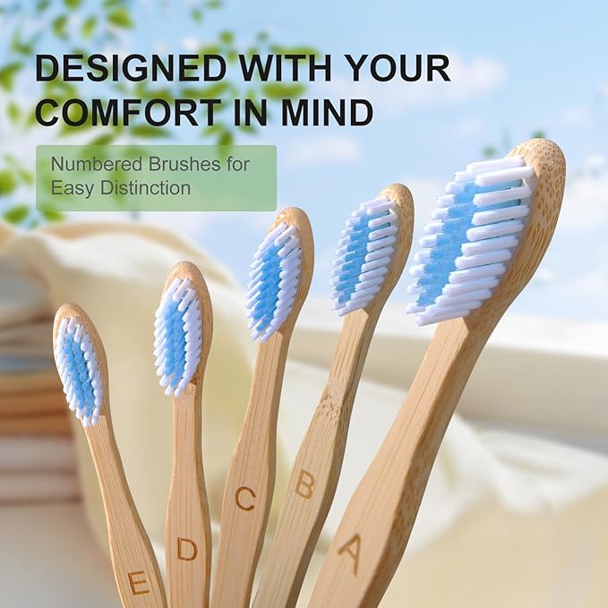 Bamboo Toothbrushes 10 Count - BPA Free Medium Bristles, Compostable Natural Wooden Toothbrushes, Without Plastic, Eco-Conscious Packaging for Adults (White and Blue, Moderate Length)