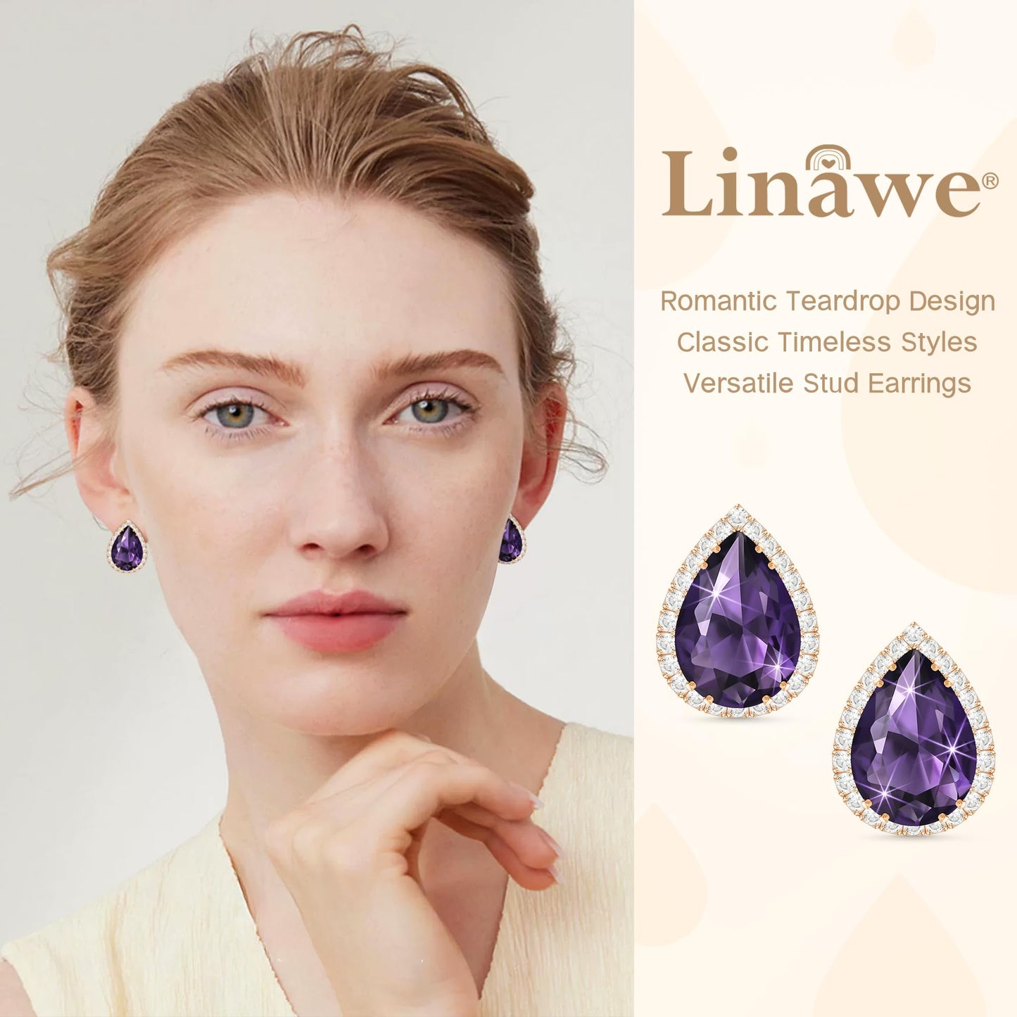 Linawe Purple Earrings Studs, Imitation Diamond Stud Earrings for Women, Cubic Zirconia Teardrop Rhinestone Crystal Piercing Jewelry Rose Gold, Wedding Brial Bridesmaid Costume Earring Set