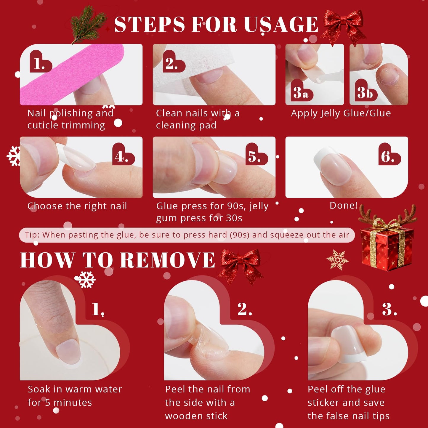Christmas Press on Nails Short, Jofay Fashion Red Press on Nails, Fake Nails with Snowman, Xmas Tree and Elk Designs, Reusable Acrylic Cat Eye False Nails Glue on Nails Kit 32 Pcs