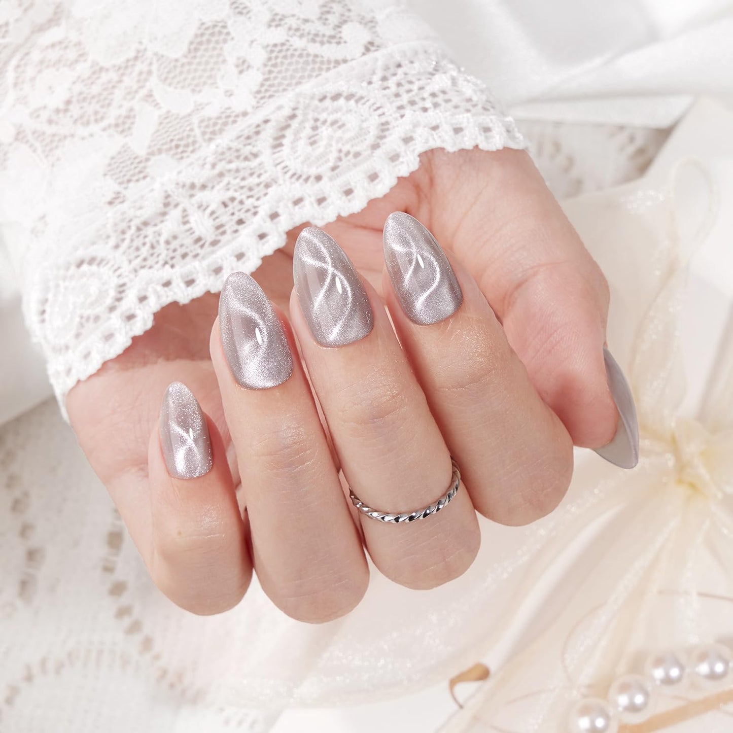 VSALON Press On Nails Short Almond, Cat Eye Spring Glue on Nails Silver Shimmer Ribbon Sparkly Fake Nails With UV Glue Reusable Salon Quality Swirl Summer Stick on Nails for Women - 32 Pcs 16 Sizes