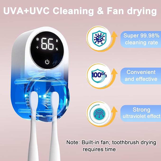 Toothbrush Holder and Cleaner for Bathroom Light Cleaning Fan Drying Round in Circle Automatic Rotating Cover Wall Mounted Smart Home Gadgets (01 White)