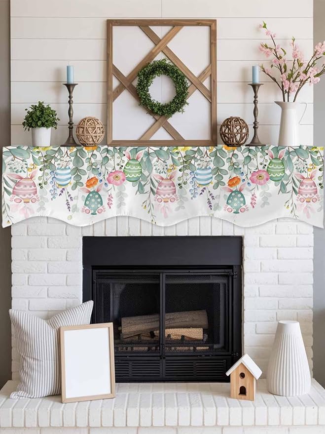Easter Eggs Fireplace Mantel Scarf Table Runner, Bunny Eucalyptus Leaves Spring Flower Plant Winter Garland Mantel Top Tablerunners Dresser Scarves Cover for Windows Party Living Room 90''x17''