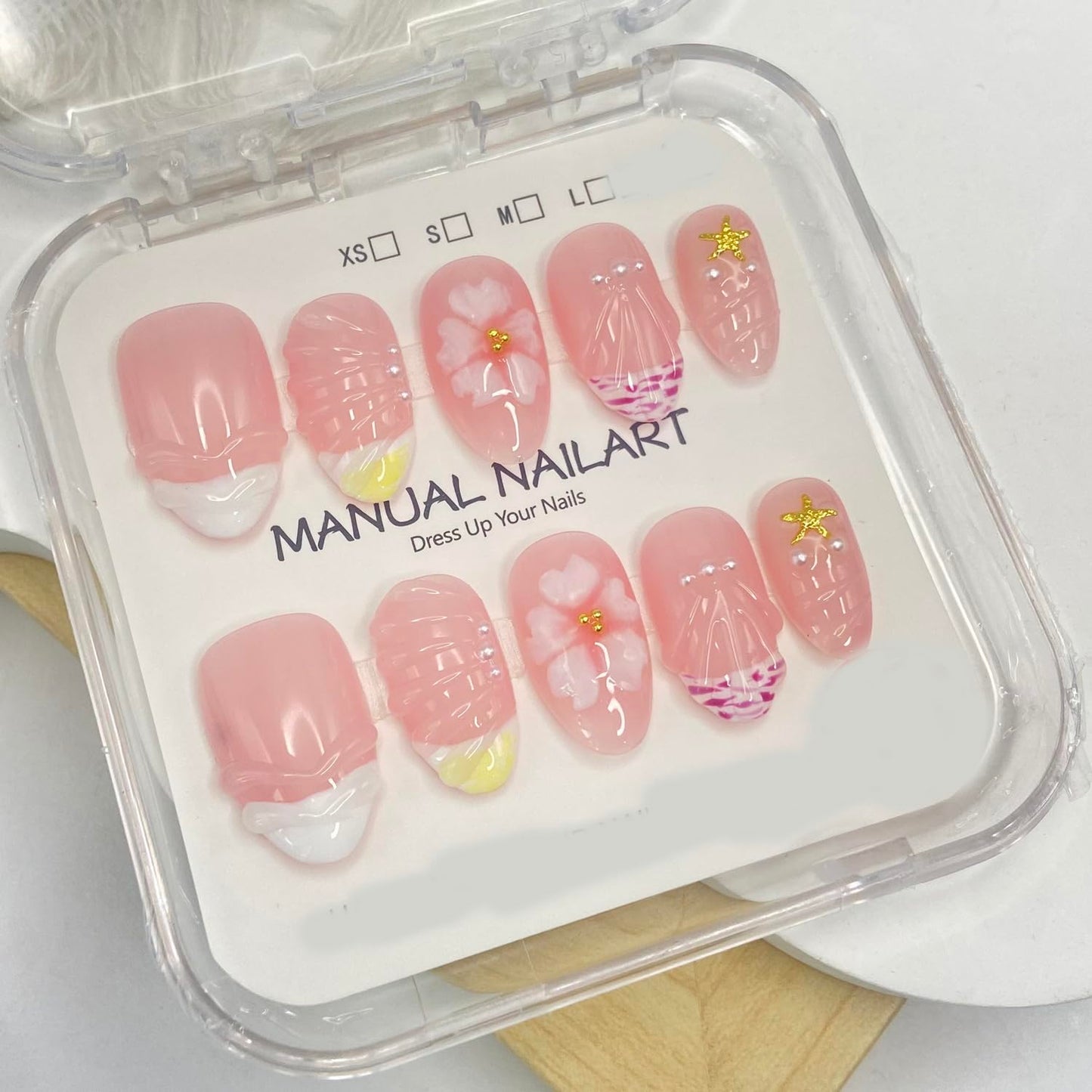 Handmade Press on Nails Flower Press on Nails French Tip False Nails with 3D Star Designs Short Almond Shaped Fake Nails Glossy Full Cover Artificial Acrylic Nails for Women (Size M)