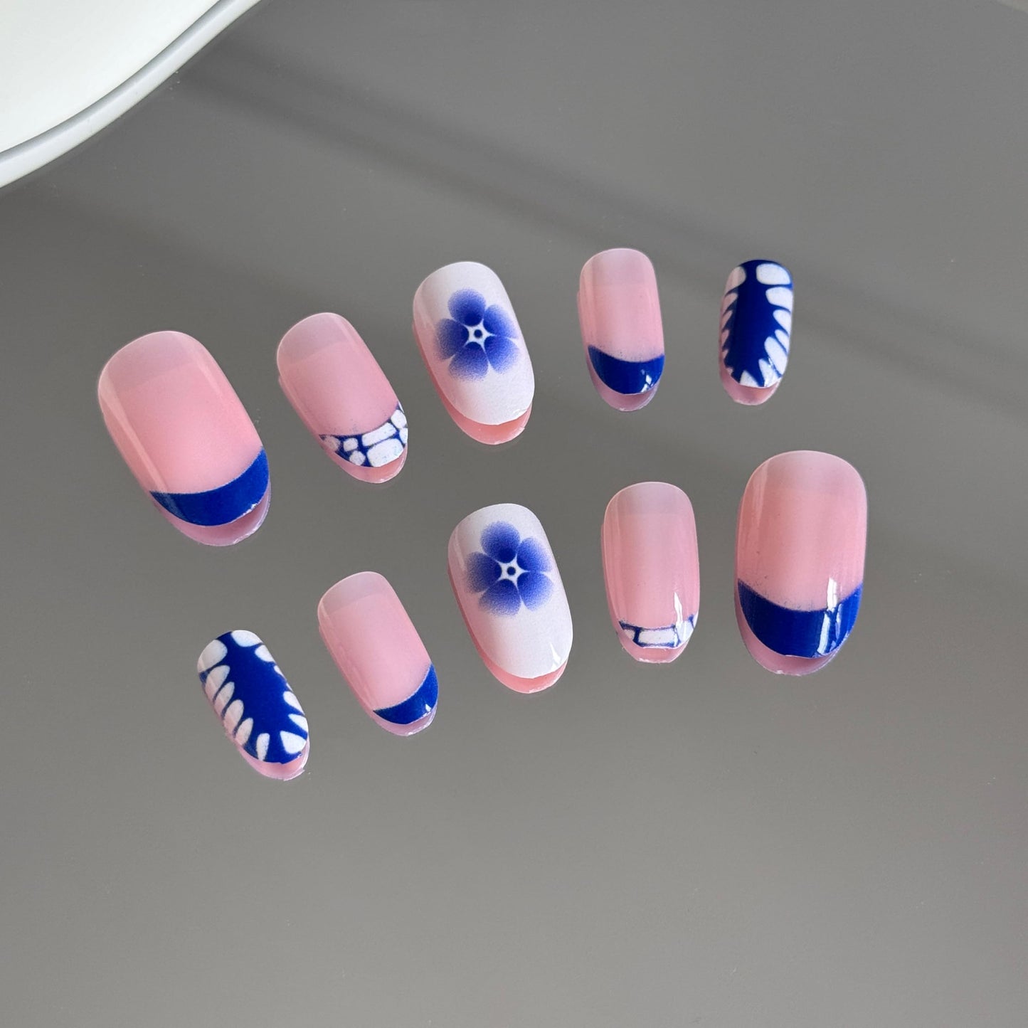 24 Pcs French Tips Almond Cute Press on Nails - Blue, Preppy, Handmade Flowers Designs - Short Round Nails