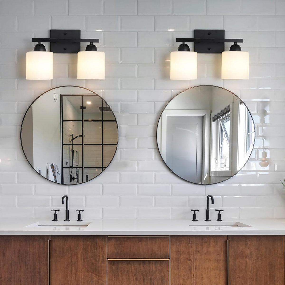 Milk Glass Vanity Lights for Bathroom, 2 Light Matte Black Bathroom Light Fixtures Over Mirror, Ceramic E26 Sockets Wall Mounted