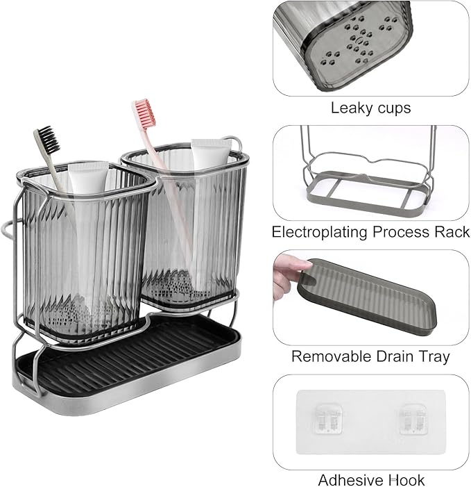 Gray Toothbrush Holders for Bathrooms, Toothbrush Holders with Drain Tray, 2 Cups Tooth Brushing Holder, Bathroom Organizers and Storage Caddy Countertop for Toothpaste, Razors, Toothbrush