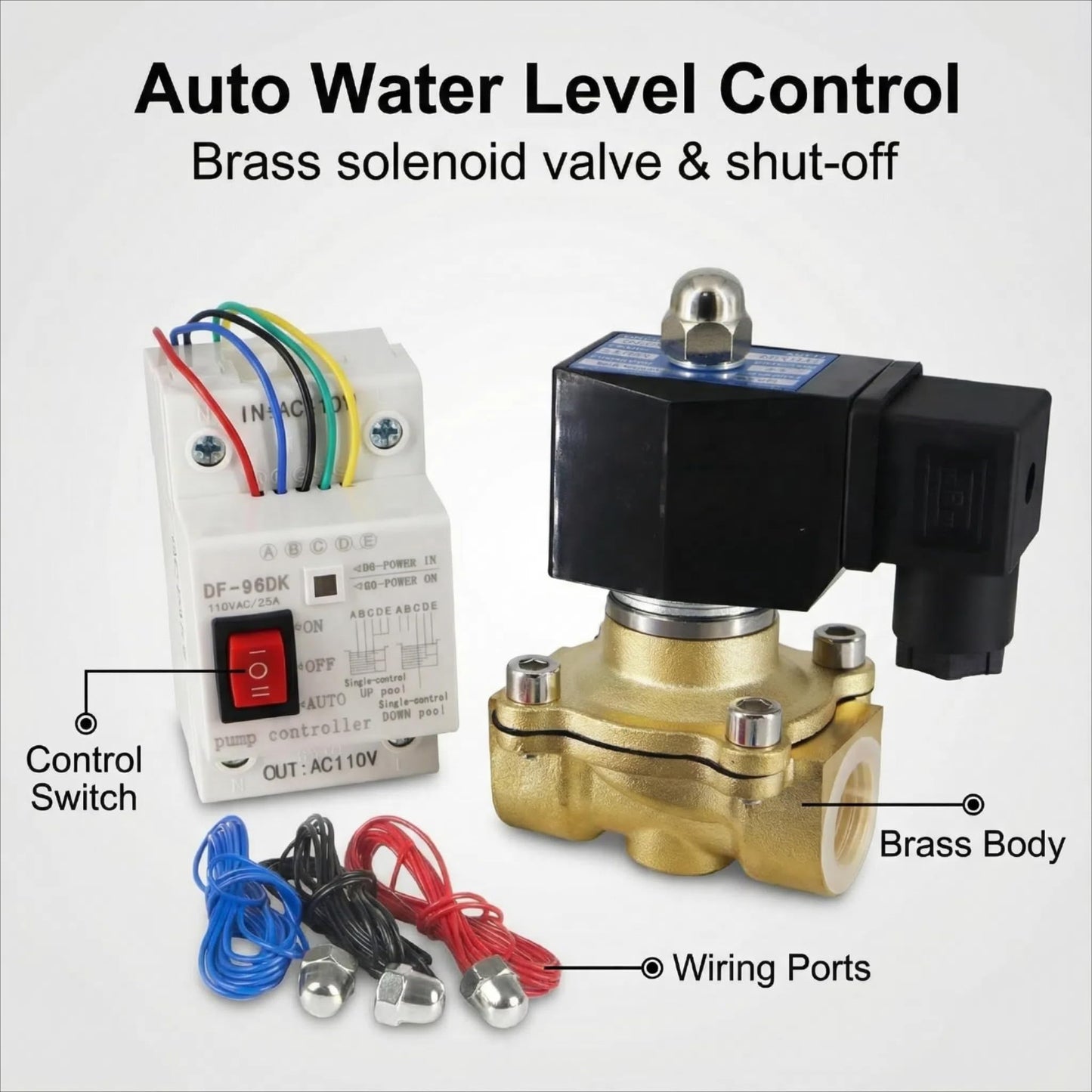 Adahill AC110V Brass Solenoid Float Valve - Automatic Water Level Control Switch for Water Tanks, Pools, Livestock Troughs and Irrigation Systems - 2A Current Rating, Normally Closed Design