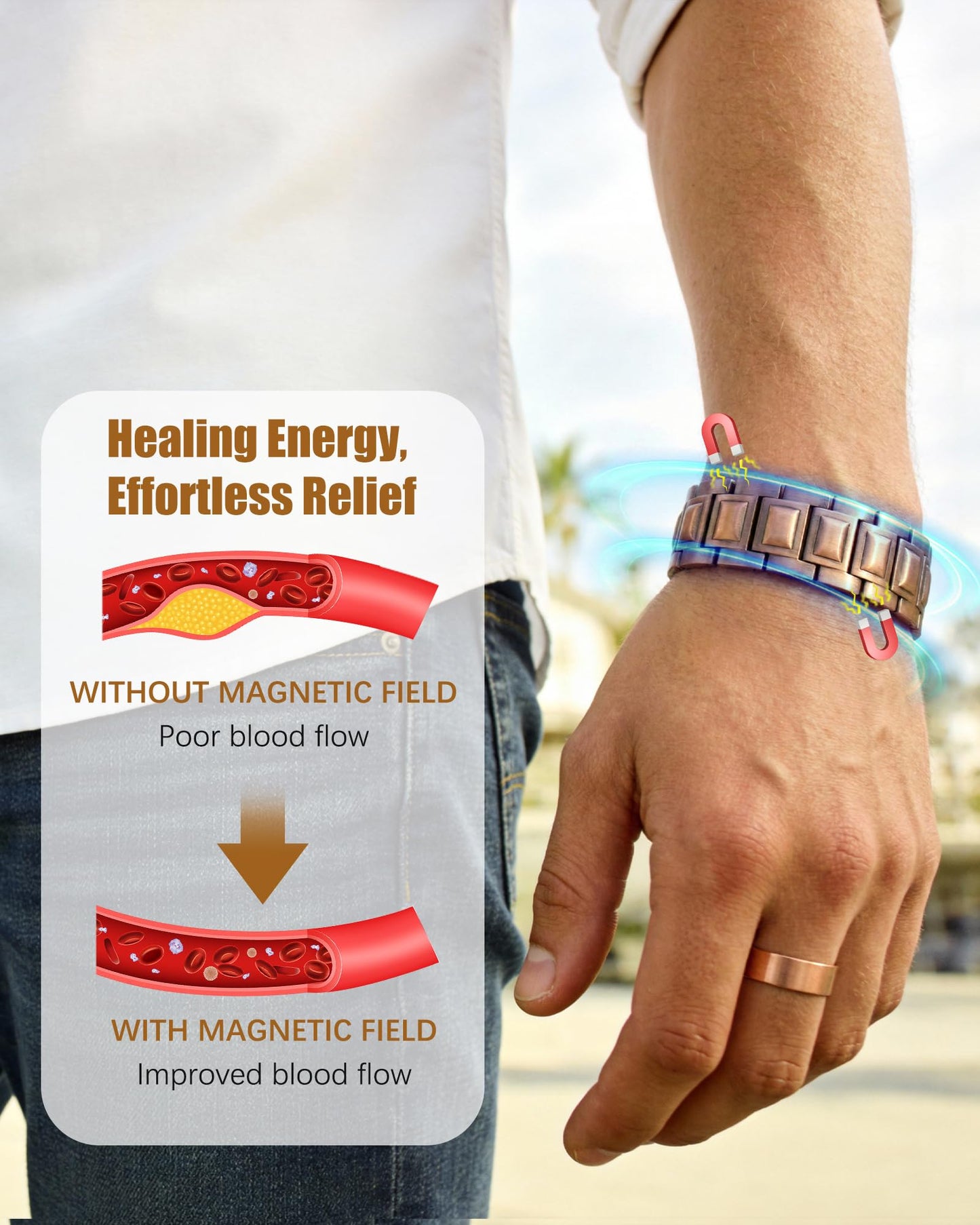 Jeracol 3X Strength Magnetic Copper Bracelet for Men - 99.9% Pure Copper Bracelet & Ring Set - Premium Fold-Over Clasp and Adjustable Length Sizing Tool & Jewelry Box