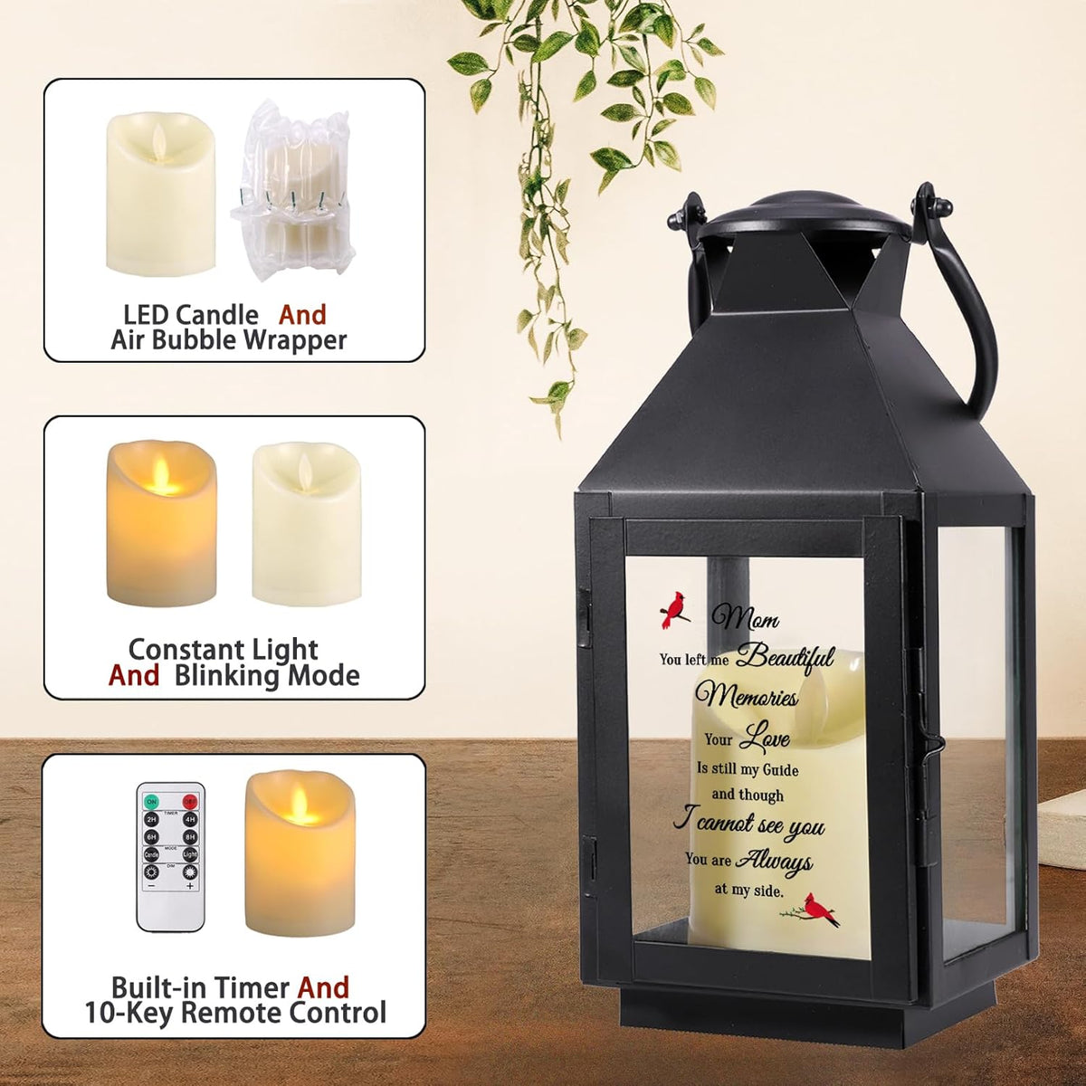 Memorial Lantern, Sympathy Gifts for Loss of Mom/Loved One, Bereavement Gifts, in Memory of Loved One Lantern,Celebration of Life, Memorial Gifts, Funeral Lantern,Mom You Left me Beautiful Memories