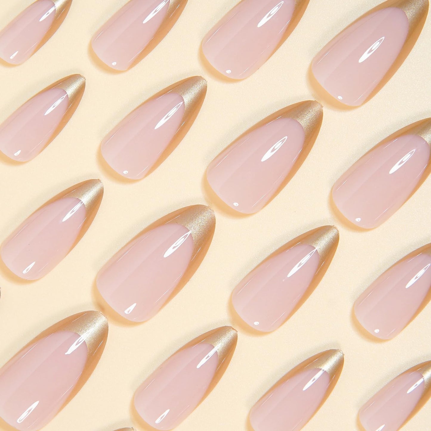 MISUD Press on Nails - Medium Almond Fake Nails with Gold Chrome, Acrylic French Tip Design 24 pcs