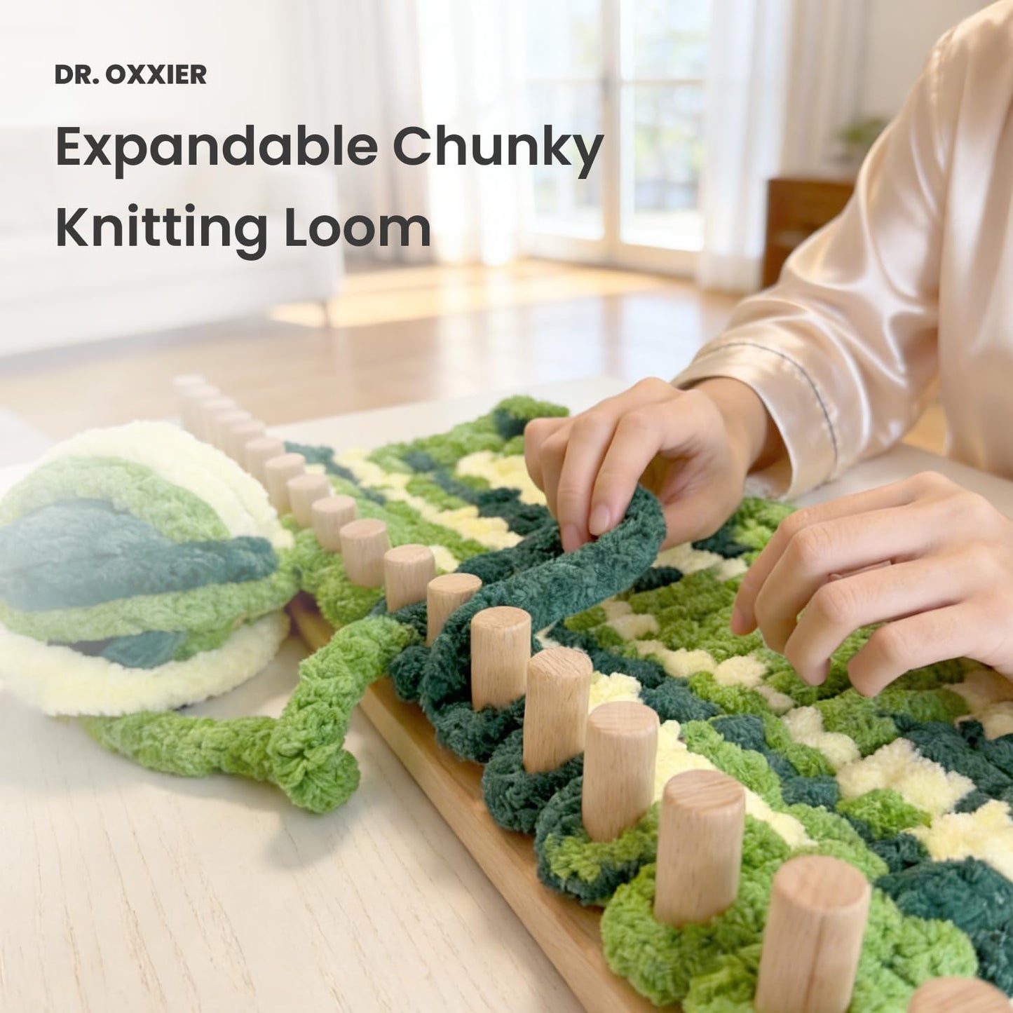DR. OXXIER Chunky Knitting Loom Kit - 30 Inches Adjustable Wooden Loom for Blankets, Expandable to 60/90/120 Inches for Oversized Throws, Hand Knitting Board for Chunky Yarn, Beginner DIY Craft Kit