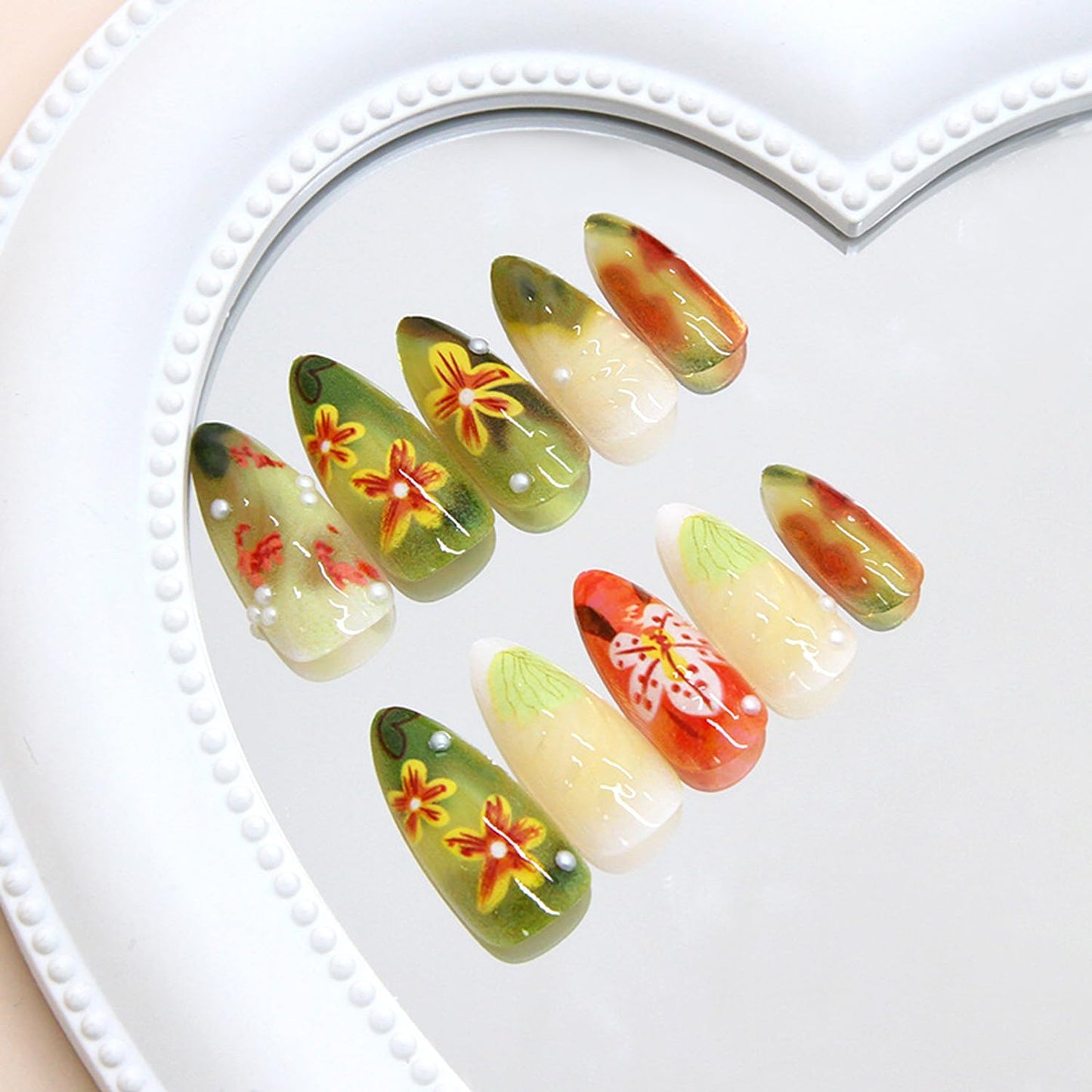 24pcs Flower Press on Nails Almond False Nail Green Nails Tips with Flower Pearl Design False Nail Art Medium Press on acrylic Nails Cute Stick on Nails Manicure Handmade Fake Nail for Women