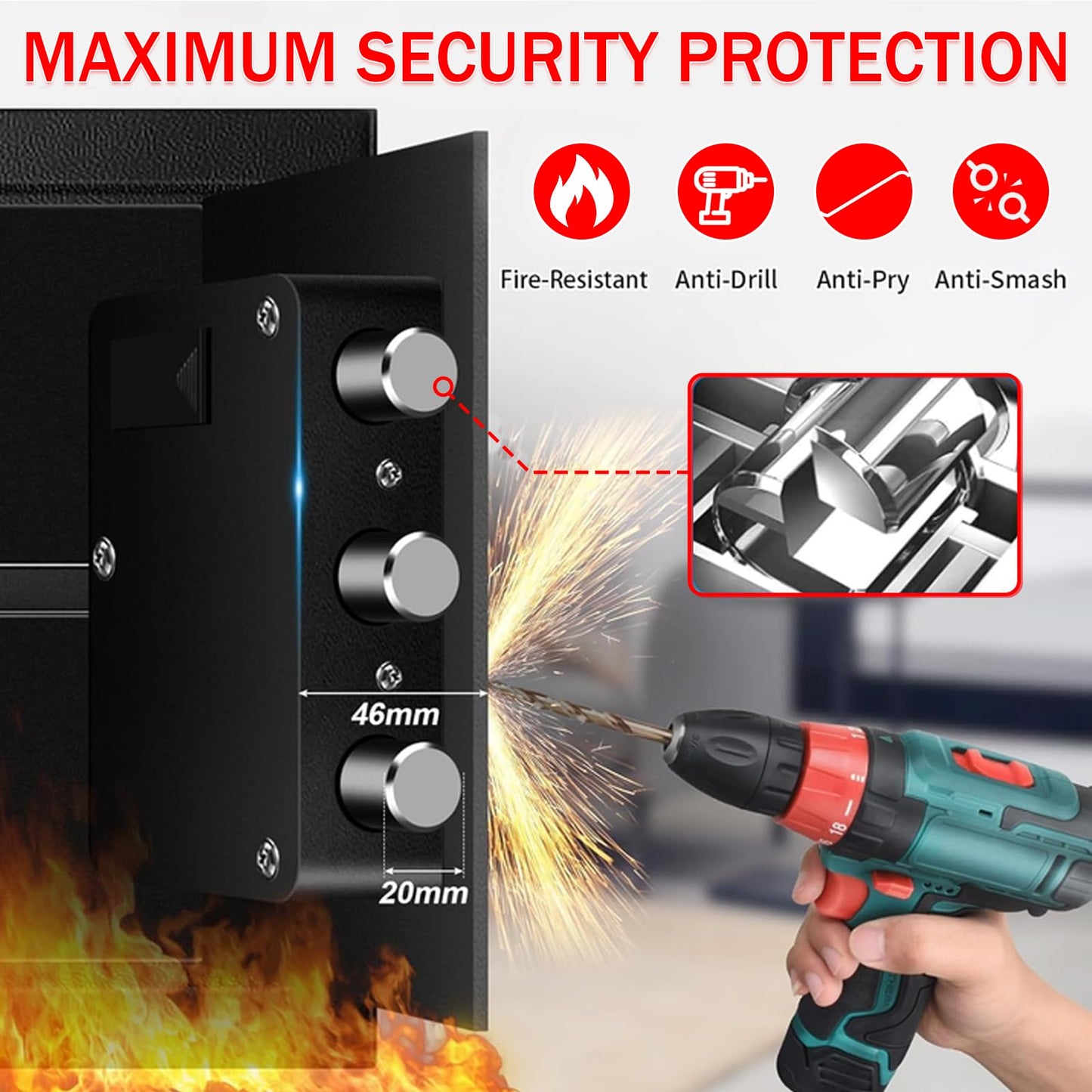 1.2 Cubic Feet Small Fire Safe Box for Home, Fireproof Lock Box, Security Money Safe with Digital Keypad, Spare Keys and Removable Shelf, Personal Home Safes for Money, Jewelry, ID Documents