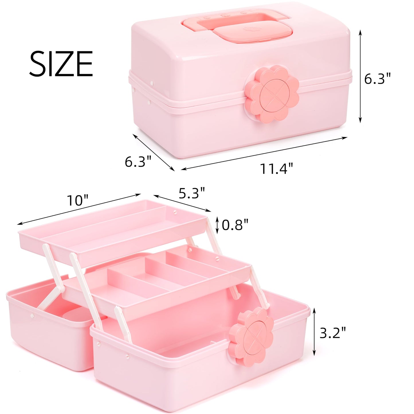 ZOOFOX Cute Hair Accessories Organizer for Girls, 3-Layers Pink Craft Storage Container with Handle, Lockable Storage Box for Hair Clip, Headband, Scrunchie, Cosmetic, Sewing, Toy, Washi Tape