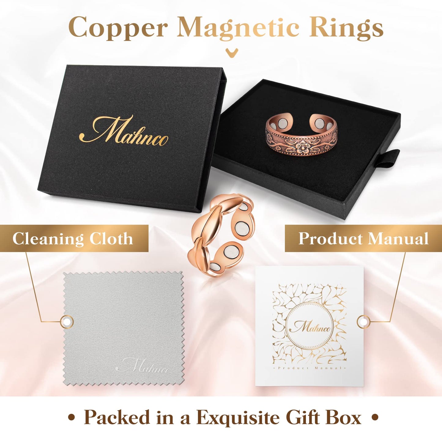 Copper Rings for Women Magnetic Rings Finger Thumbs 3500 Gauss Strong Magnets -100% Solid Pure Copper Ring with Jewelry Gift Box (2PCS)