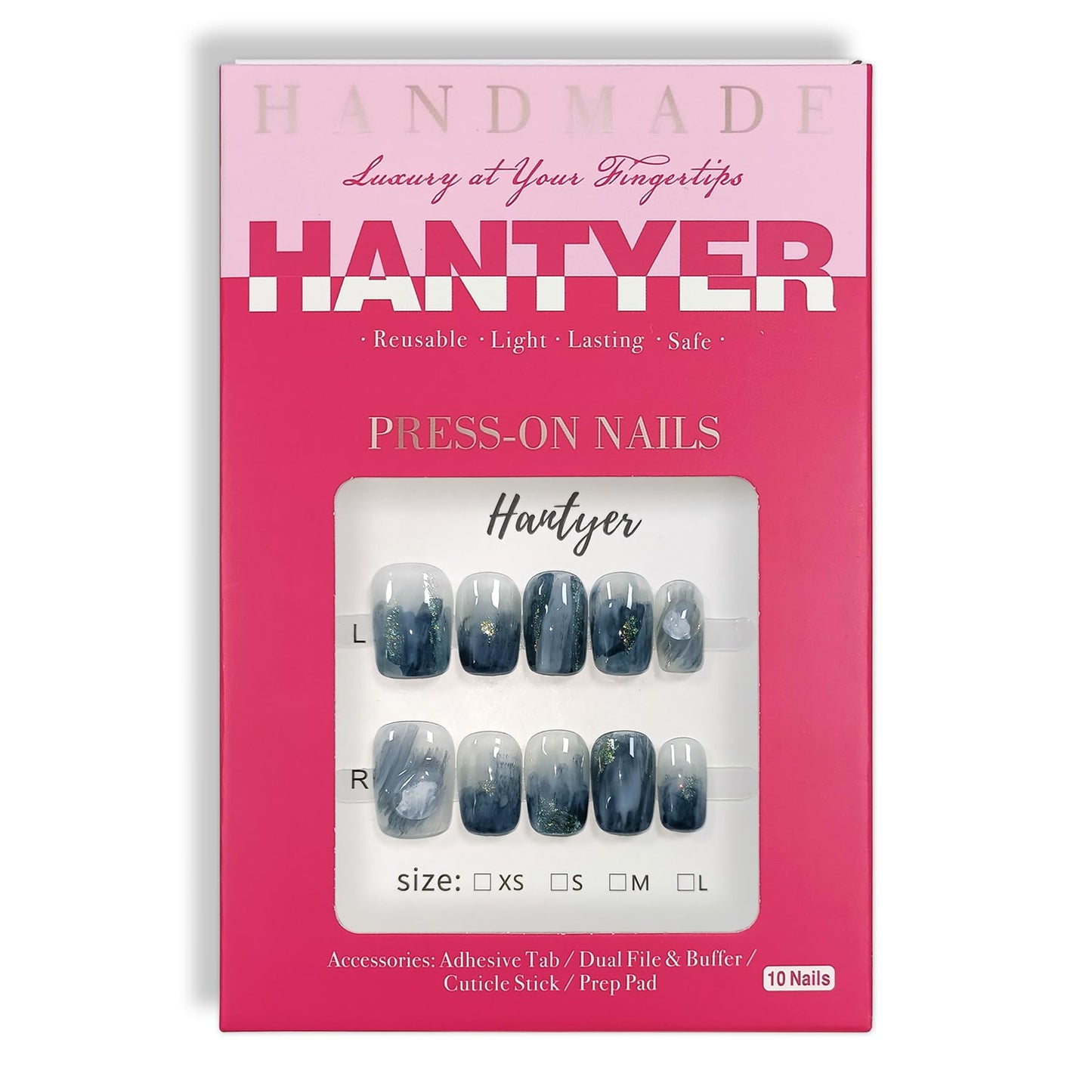 Hantyer Blue Ocean Wave Marbled Press on Nails with 3D Handmade Water Droplets & Gold Glitter, Short Square Glossy Soft Glam Fake Nails, Elegant False Nails for Women Fall Winter Party, Size M