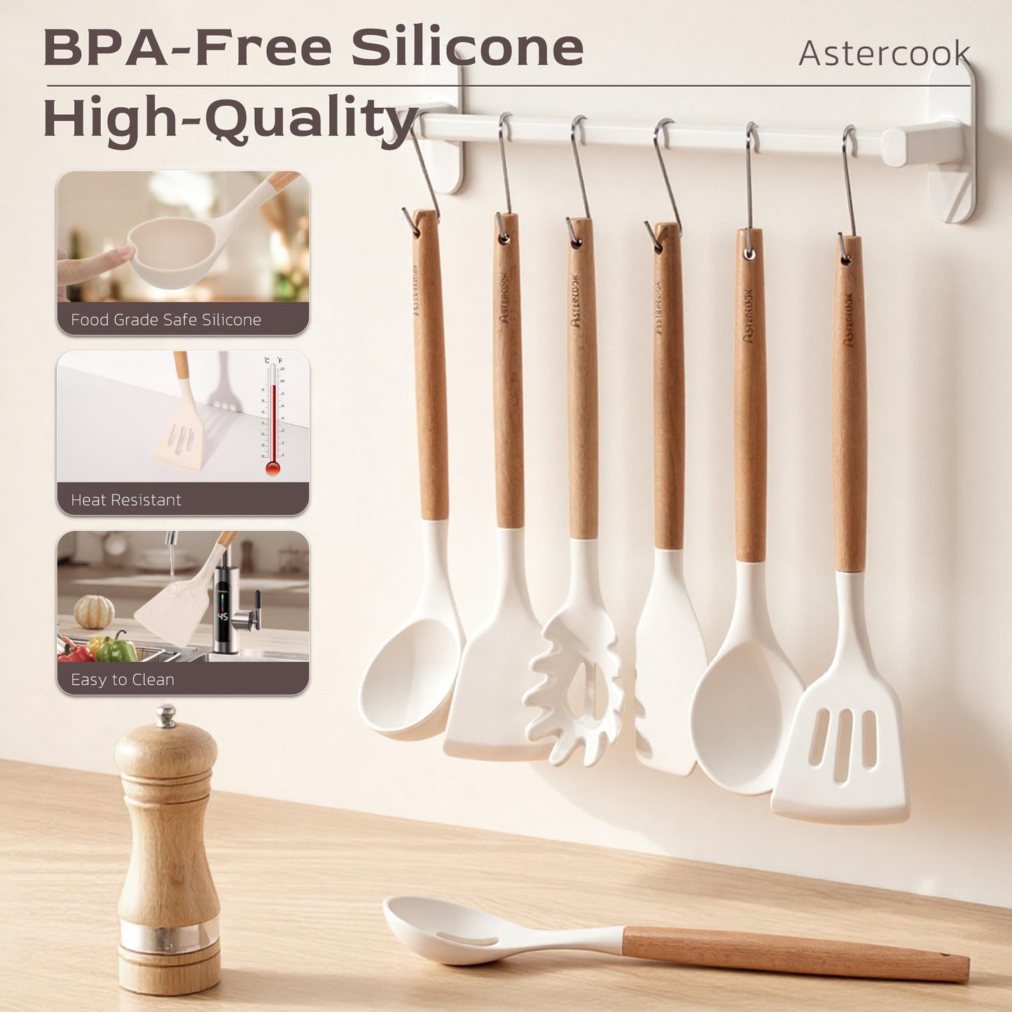 Astercook Kitchen Utensils set, 39 PCS Silicone Cooking Utensils Set with Wooden Handle, 446°F Heat Resistant Food Grade Utensil Sets, BPA Free Kitchen Gadgets Tools Set for Mothers Day Gifts