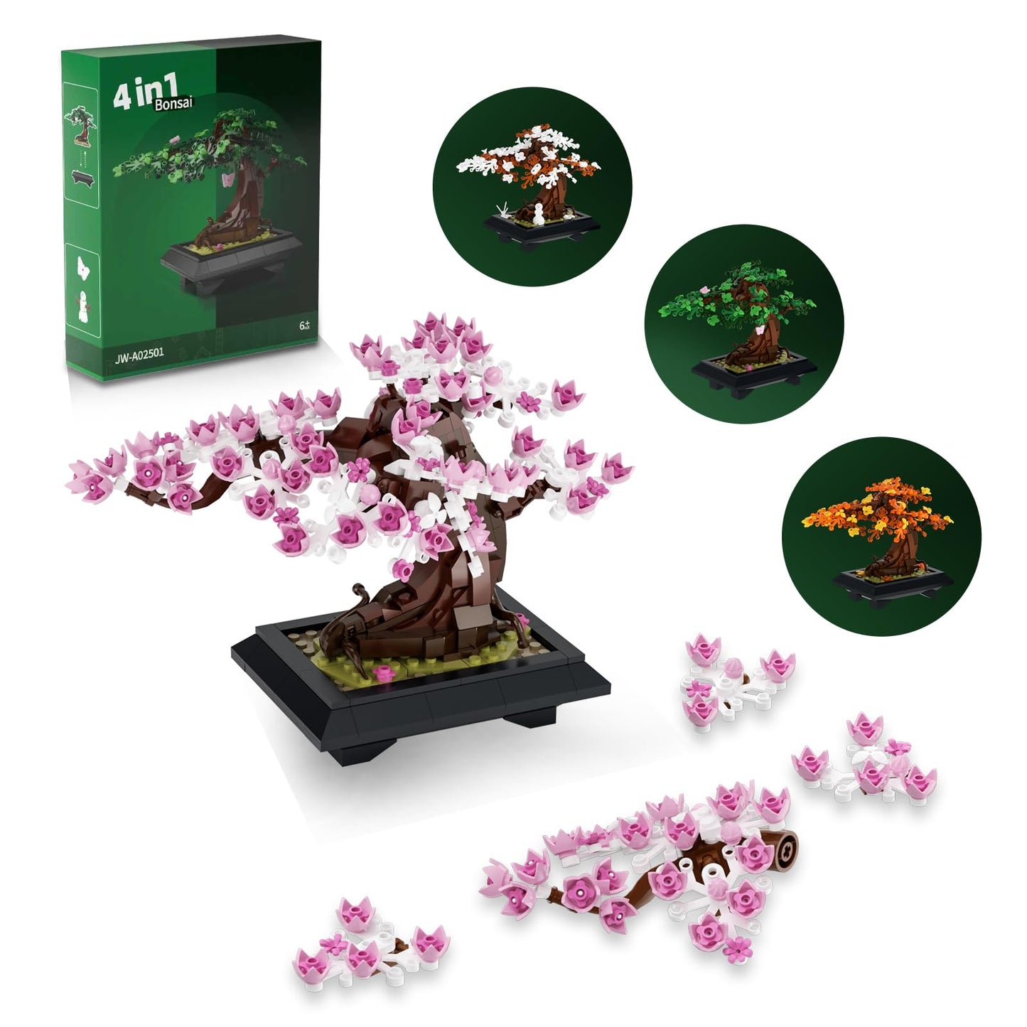 4 in 1 Bonsai Tree Building Blocks Set, 529PCS Botanical Model with Seasonal Transformations, Creative Nature Construction Kit for Relaxation, Home Décor and STEM Learning Gift for Adults and Kids