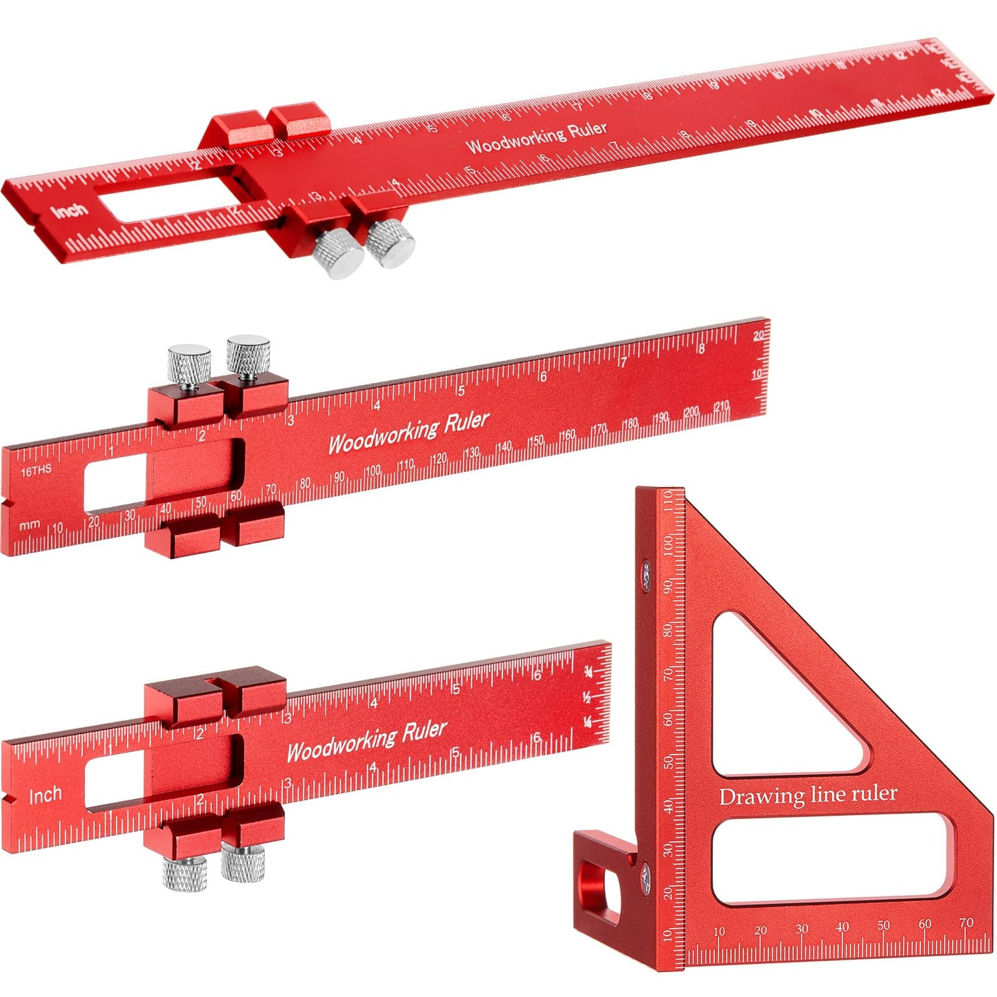 Saysurey 4 Pcs Woodworking Ruler, Metal Precision Pocket Rulers 12, 8, 6 Inch with 3D Multi Angle Measuring Ruler 45/90 Degree for Precision Measuring Marking Inch and Metric