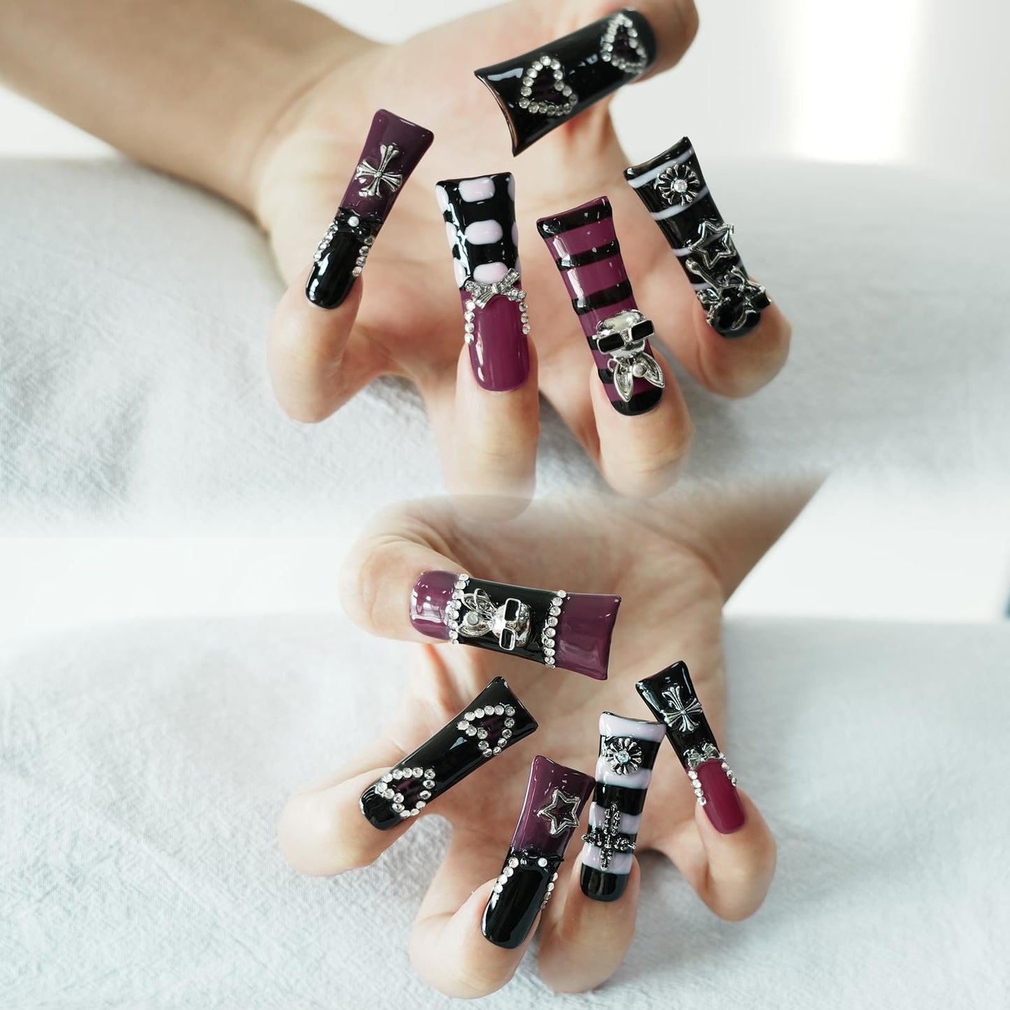 Tesytto Metallic Gothic Press on Nails Extra Long Duck - Black Purple Hot Pink with 3D Metal Cross, Star, Heart, Bow, Rabbit Charms for Parties (Dark Romance, S)