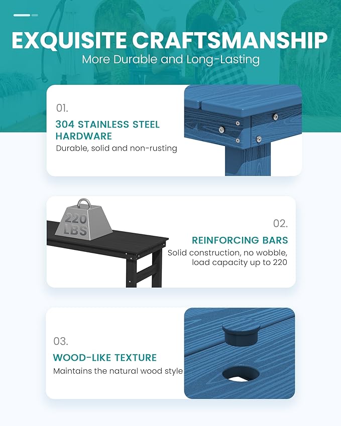 SERWALL Outdoor Bar Set - 2 Adirondack Bar Chairs & Bar Height Table with 1.6" Umbrella Hole, All-Weather HDPE Patio Furniture for Poolside, Backyard, Garden - Blue